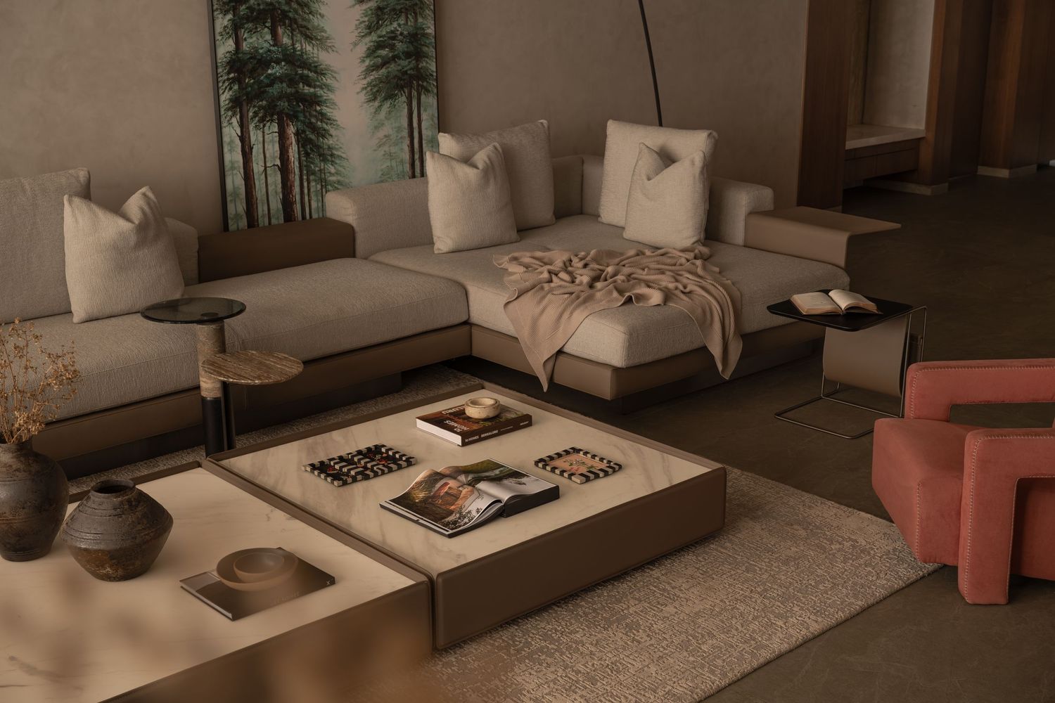 Aerial view of neutral living room with large sectional sofa, low square coffee table, and botanical wall art.