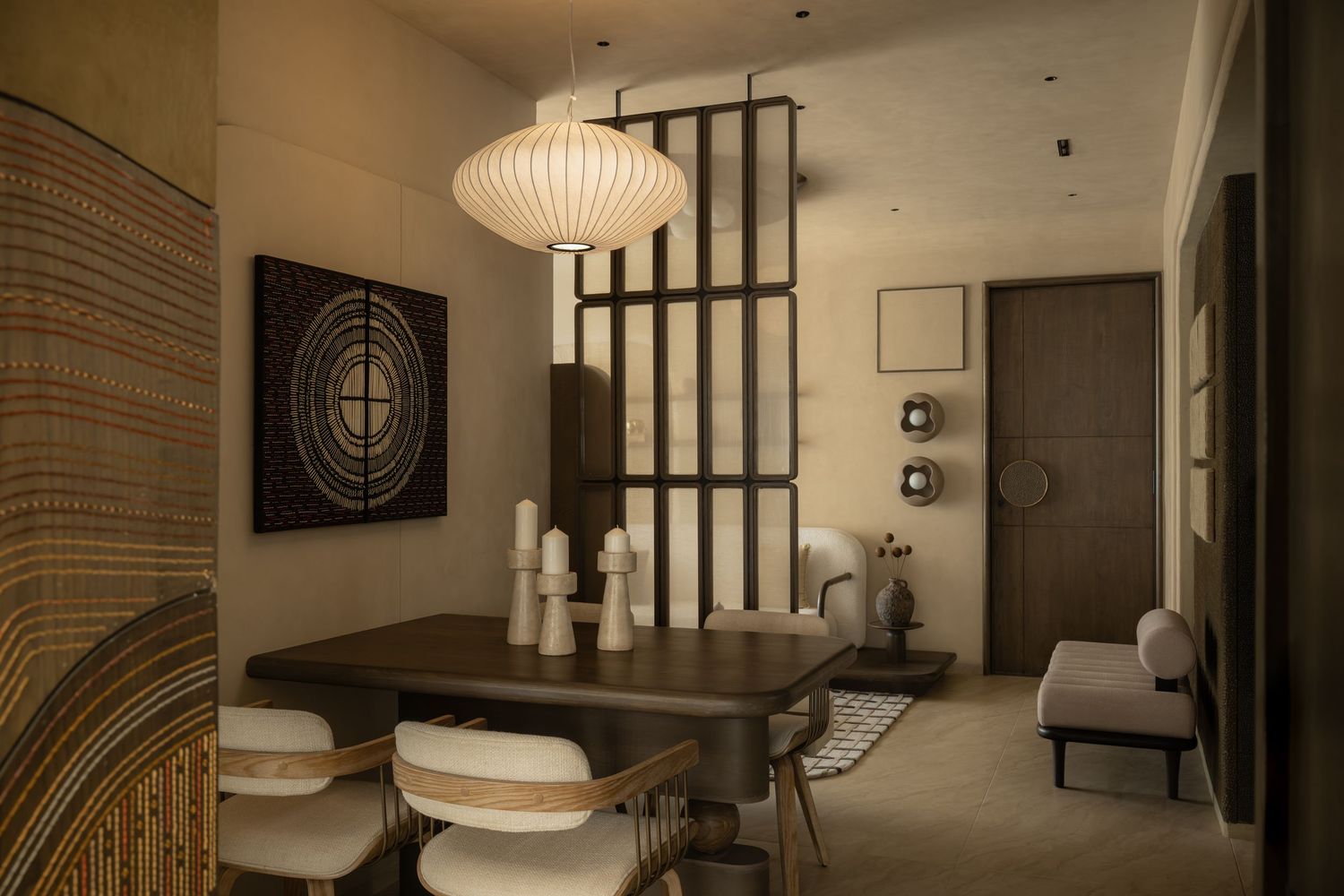 Modern dining room with dark wood table, white chairs, paper lantern pendant light, and Japanese-inspired screen divider.
