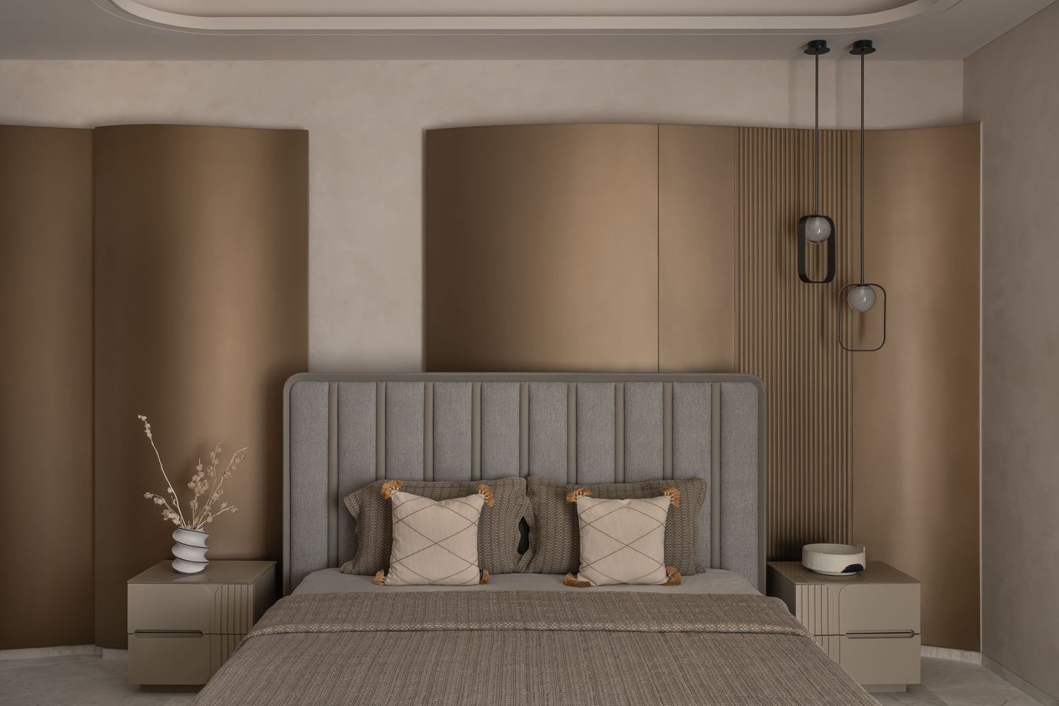 Modern bedroom with curved brown wall panels, upholstered gray headboard, neutral pillows, and pendant lights.