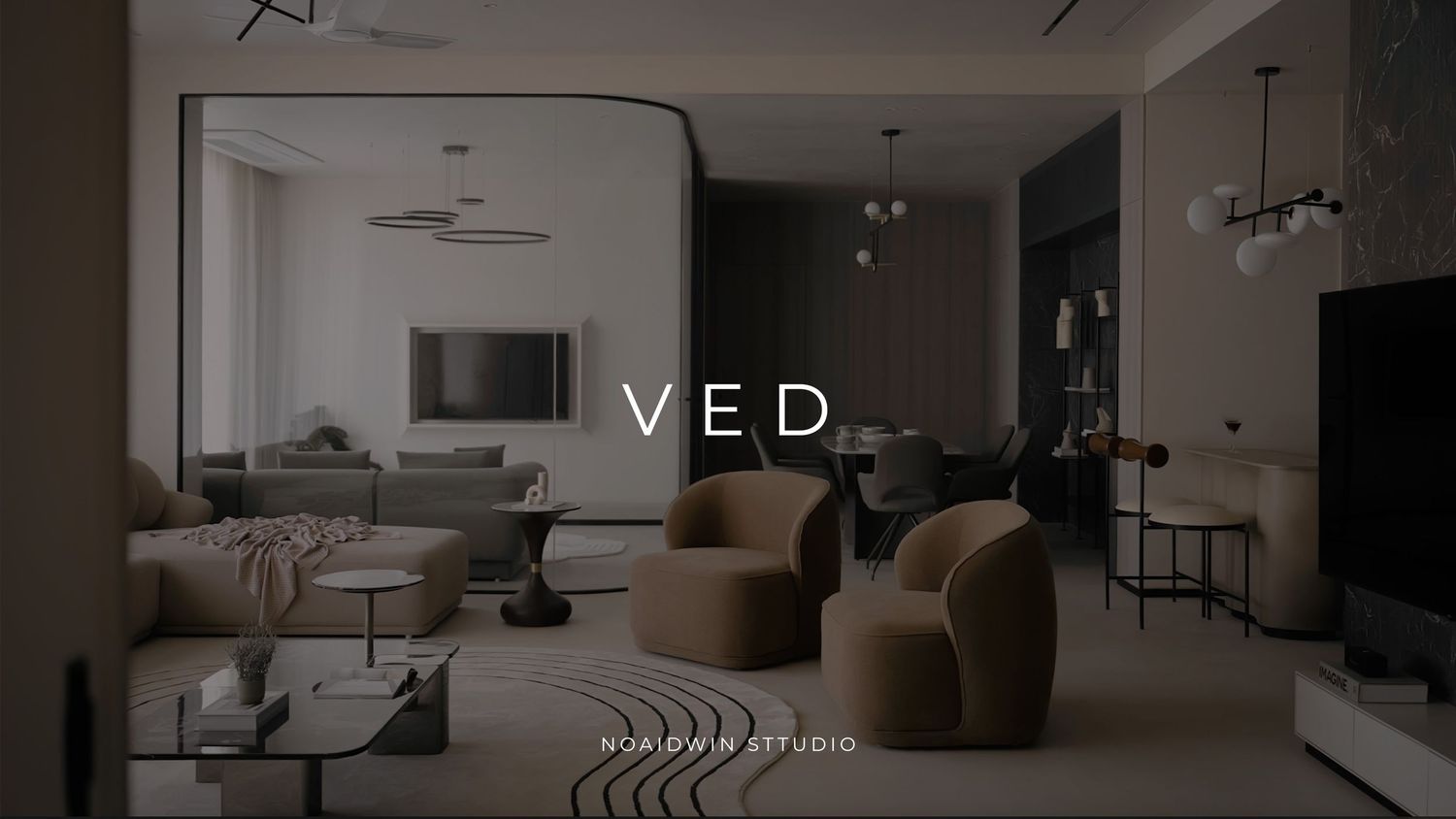 Modern luxury living room with dark tones, curved furniture, pendant lights, and minimalist decor by VED Studio.