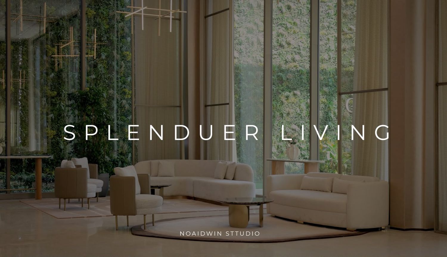Luxurious modern living room with white sofas, warm lighting, and lush greenery for Splenduer Living by Nordwin Studio.