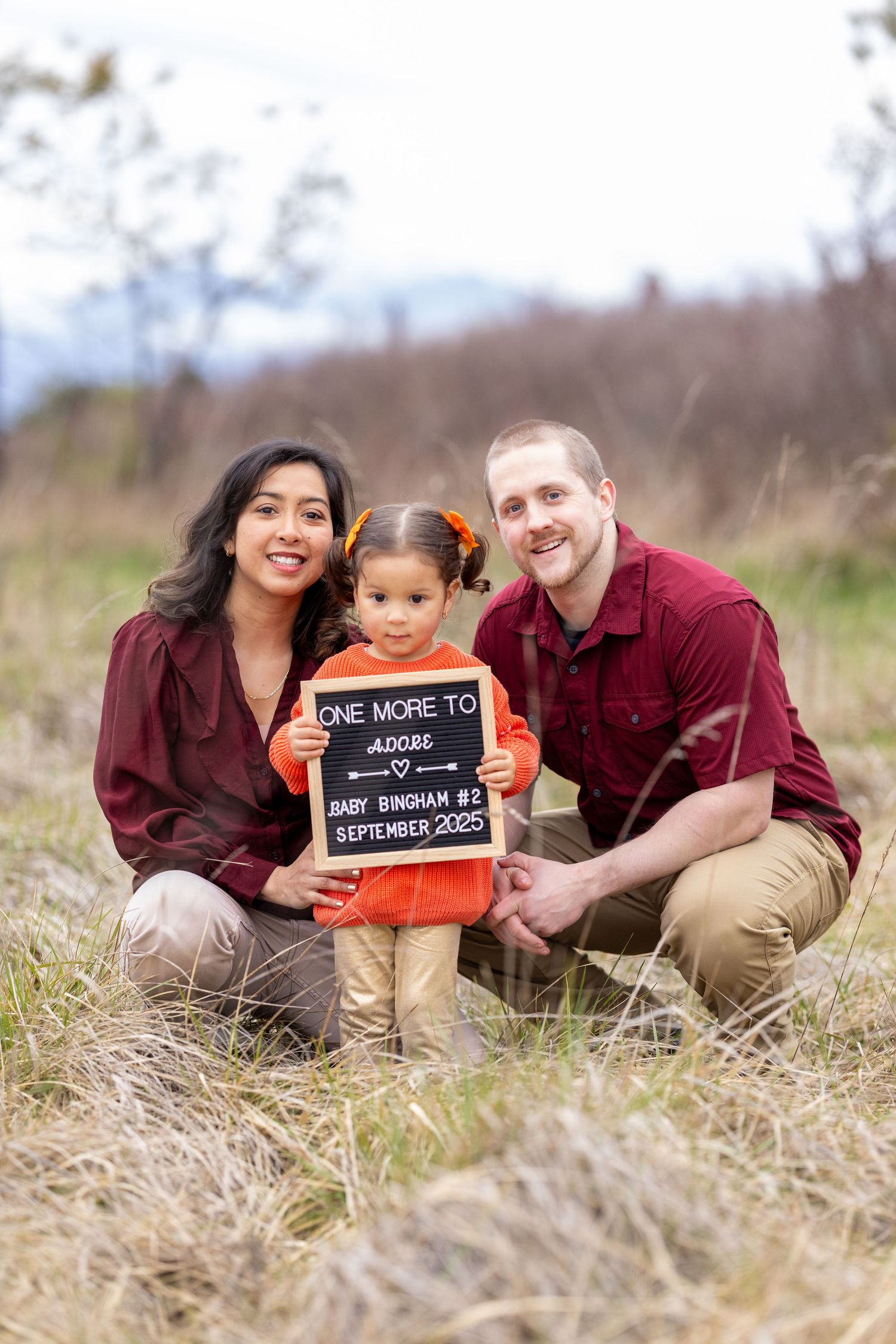 Family pregnancy announcement photoshoot in a grassy field with chalkboard sign.