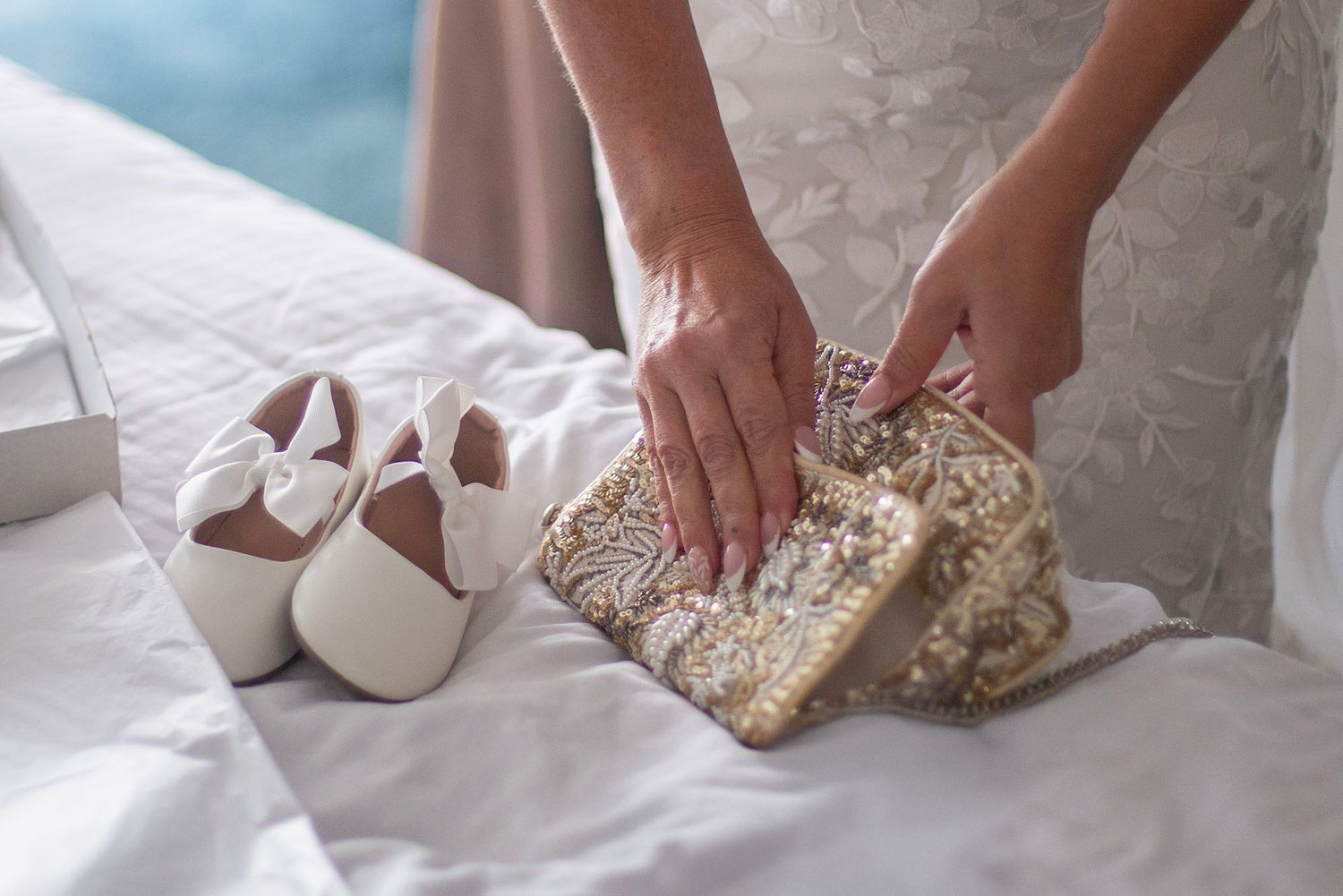 Detail shots of sparkly bridal shoes and accessories against white background.