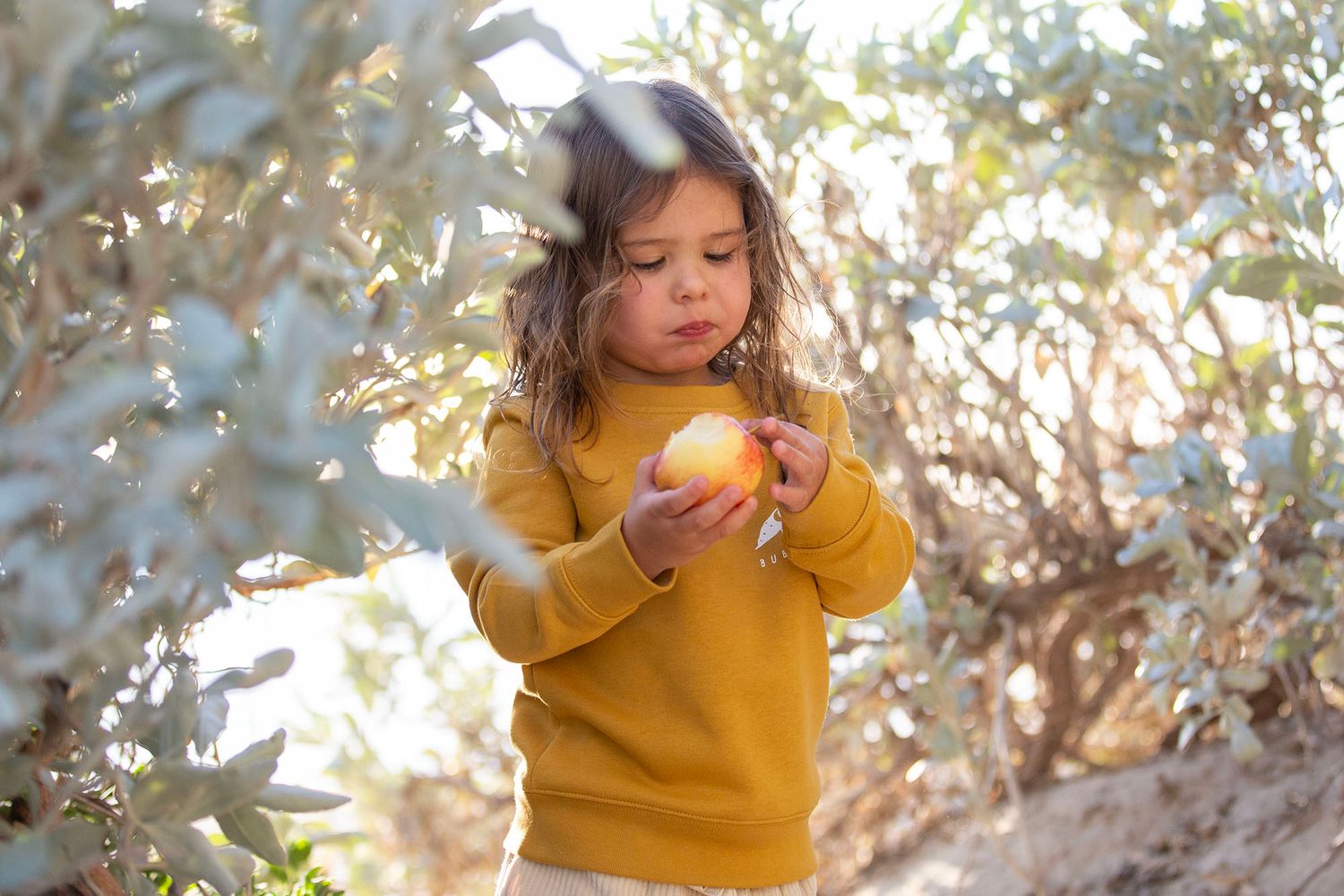 Child in yellow shirt playing outdoors near coastal vegetation.