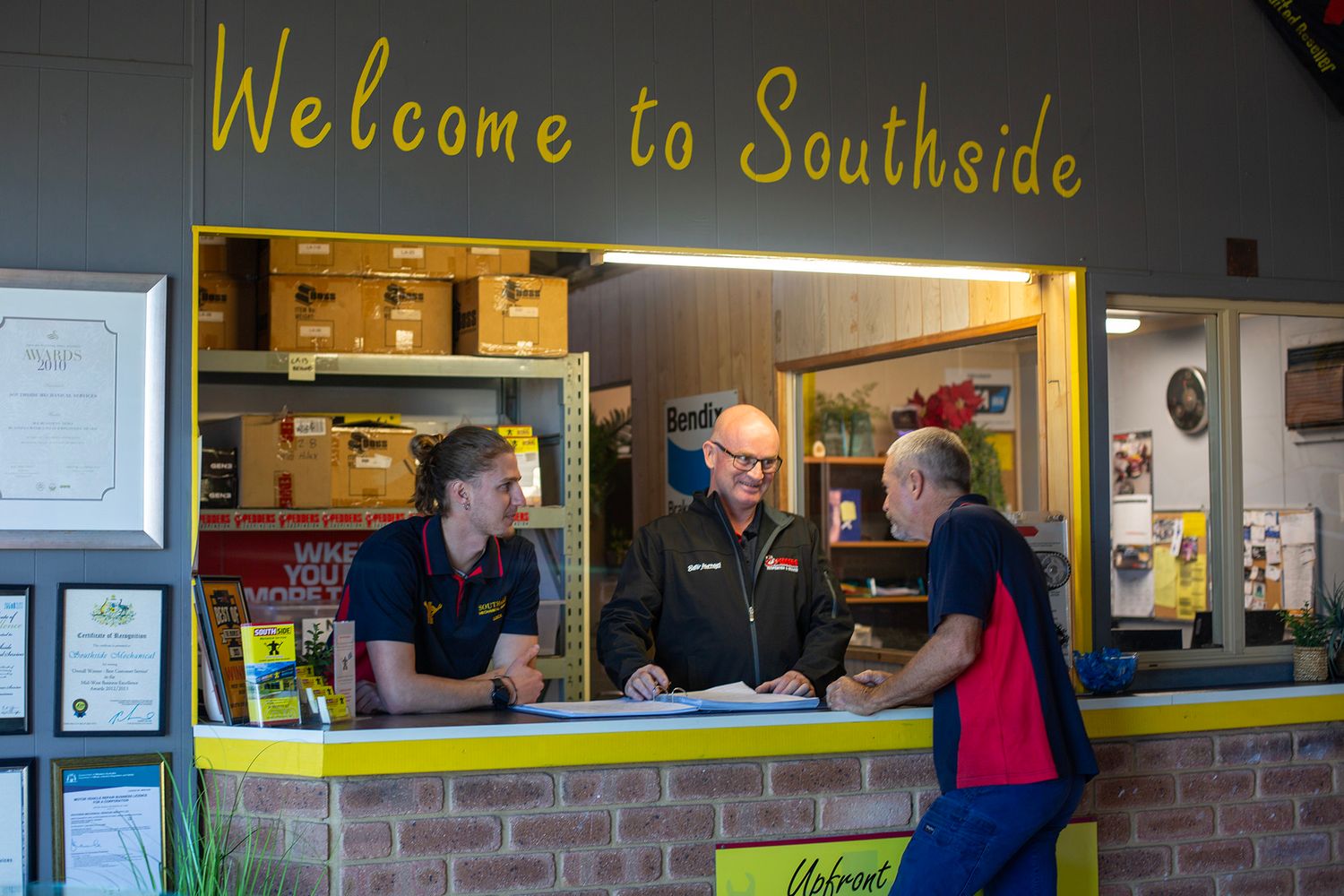 Welcome to Southside sign with service counter window.