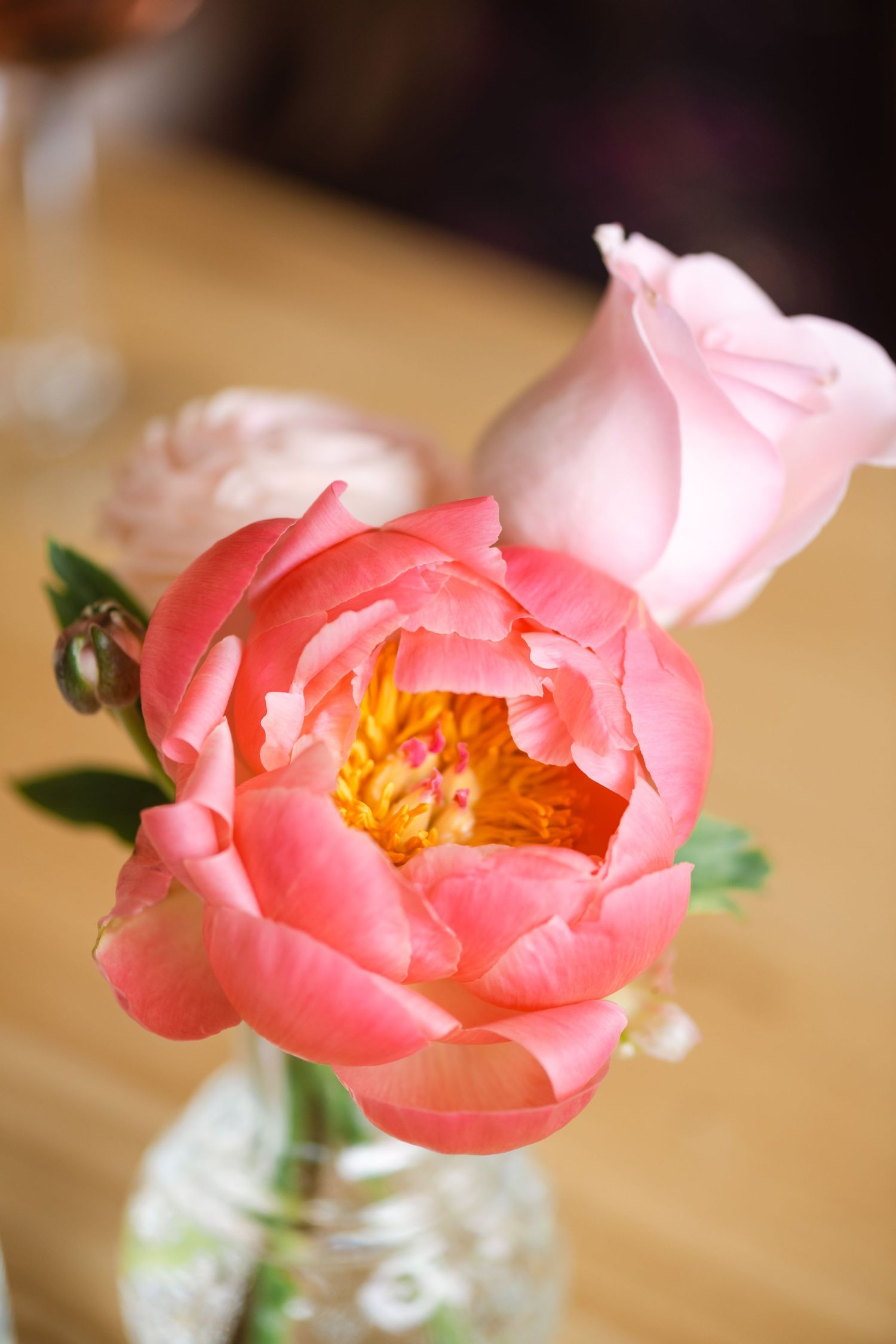 A vibrant coral peony with yellow center and pink rose bud in a glass vase on a wooden table.