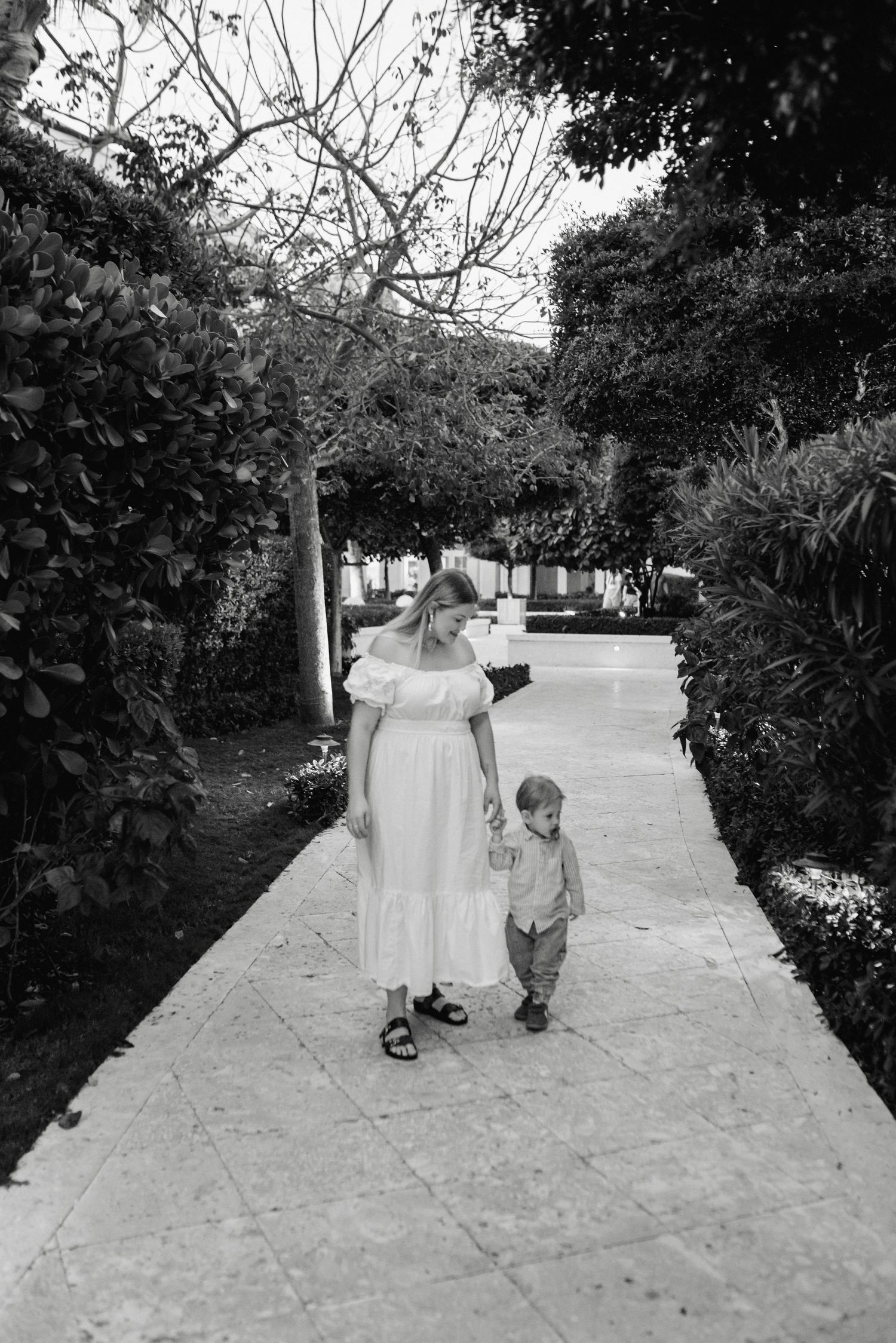 Black and white photo of wedding guests walking along a garden pathway.