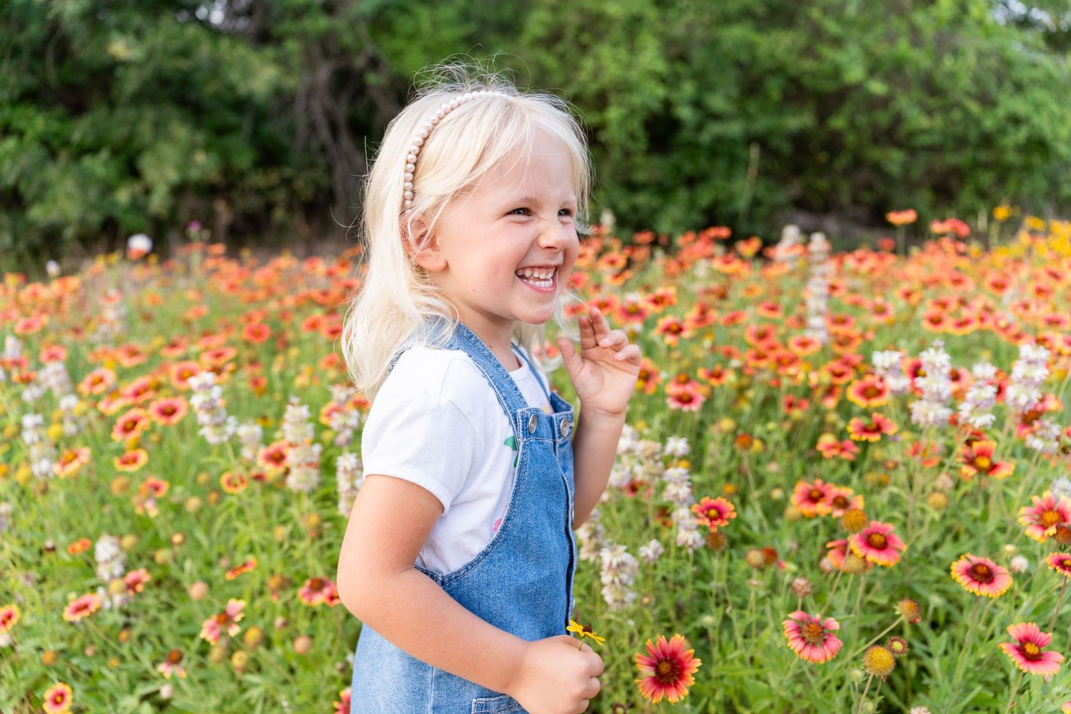 Young child in denim overalls laughing in a field of orange wildflowers.