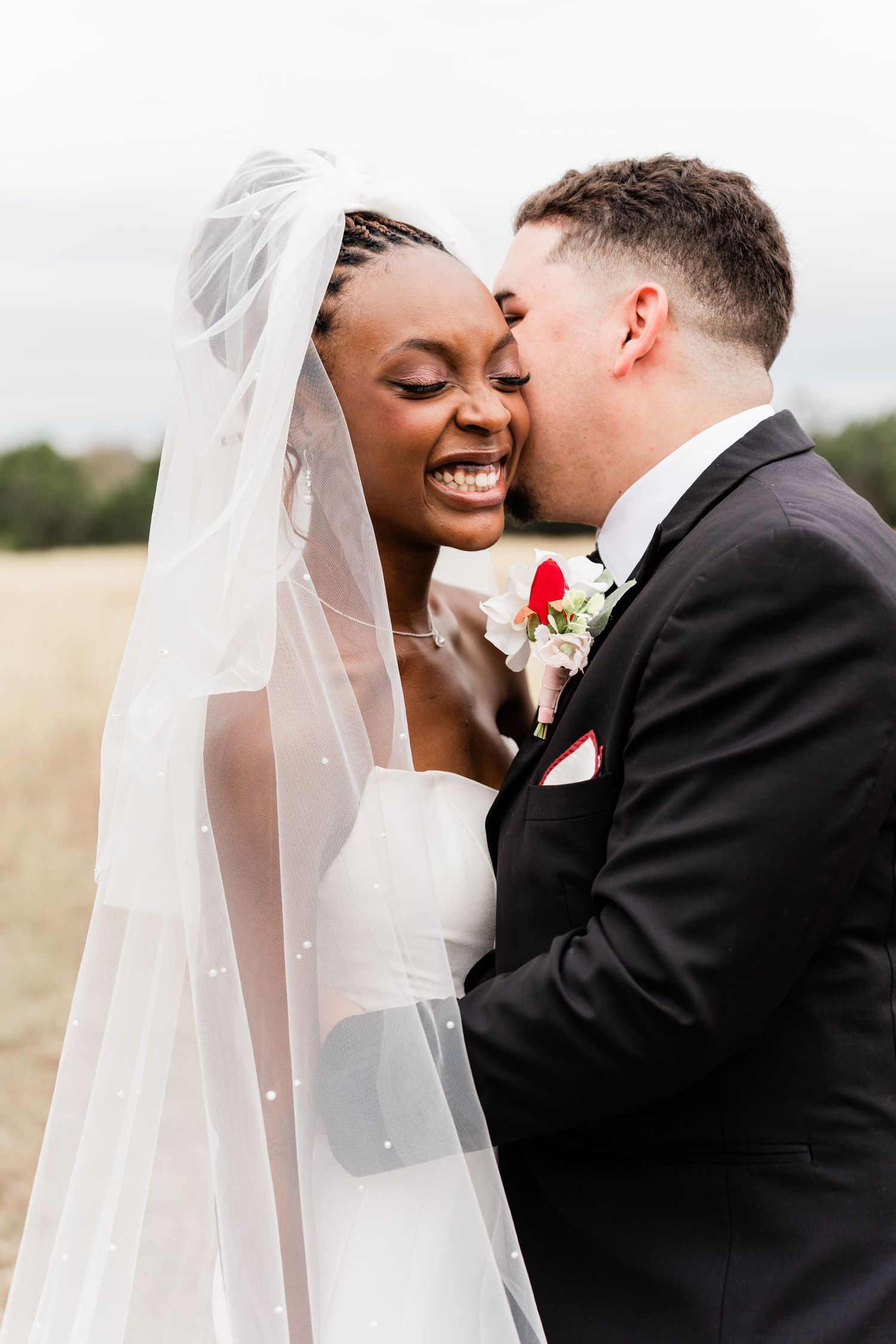 A romantic wedding photoshoot series showing tender moments between newlyweds in a sunlit outdoor setting.