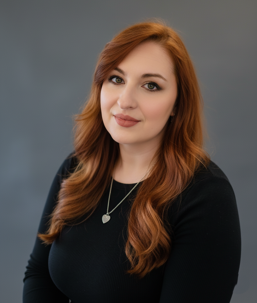 Professional headshot of a young woman with red hair wearing a black top and silver heart necklace.