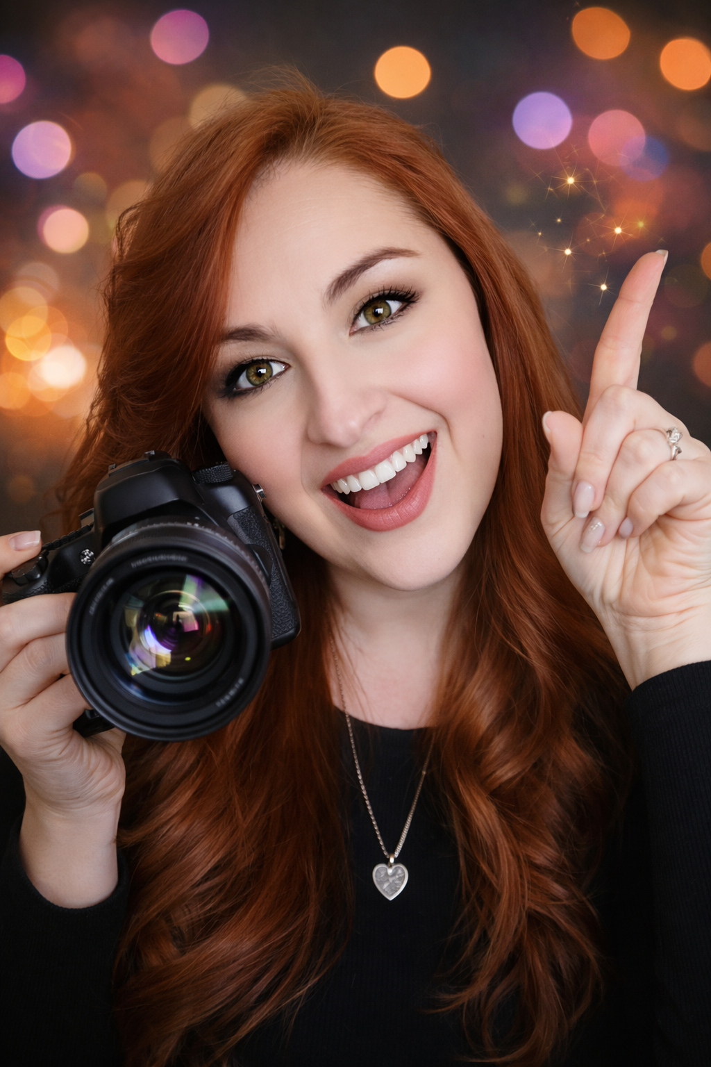 Smiling redhead woman holding a DSLR camera and pointing up, wearing a heart necklace with colorful bokeh lights behind her.