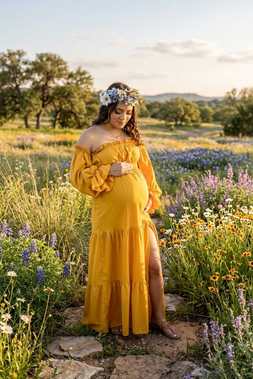 Pregnant woman in yellow off-shoulder gown with floral crown stands in wildflower field at golden hour. Precious Keepsakes Photography