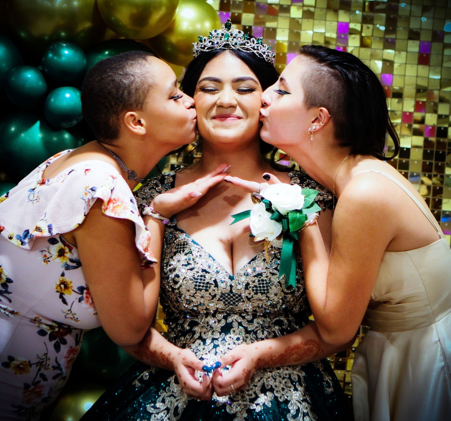 A sequence of joyful kisses being shared between Sweet 16 and friends at a formal event with sparkling decorations in San Antonio, Tx photos
