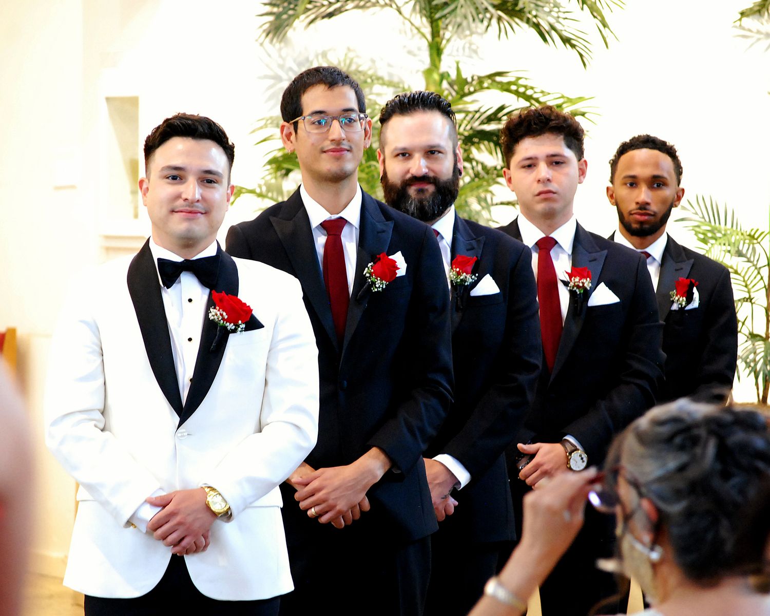 Wedding party groomsmen lined up in formal attire with red boutonnieres. San Antonio wedding photography