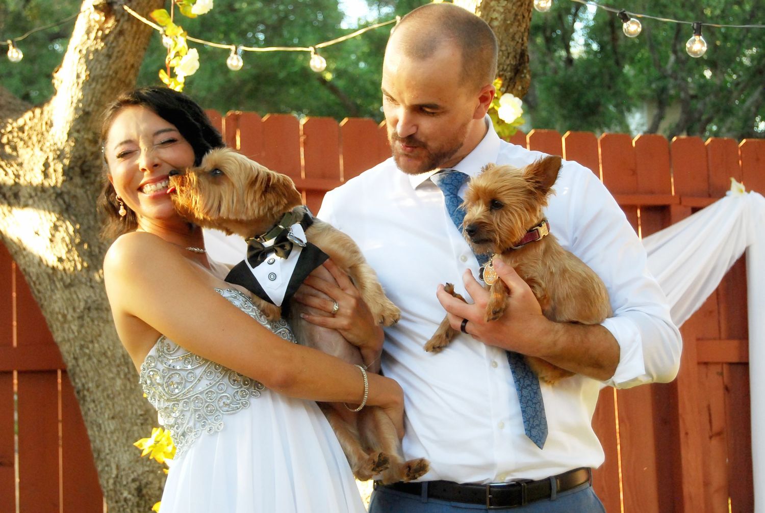 Playful outdoor wedding couple holding their dog's photo with string lights and wooden fence in background. San Antonio wedding photography