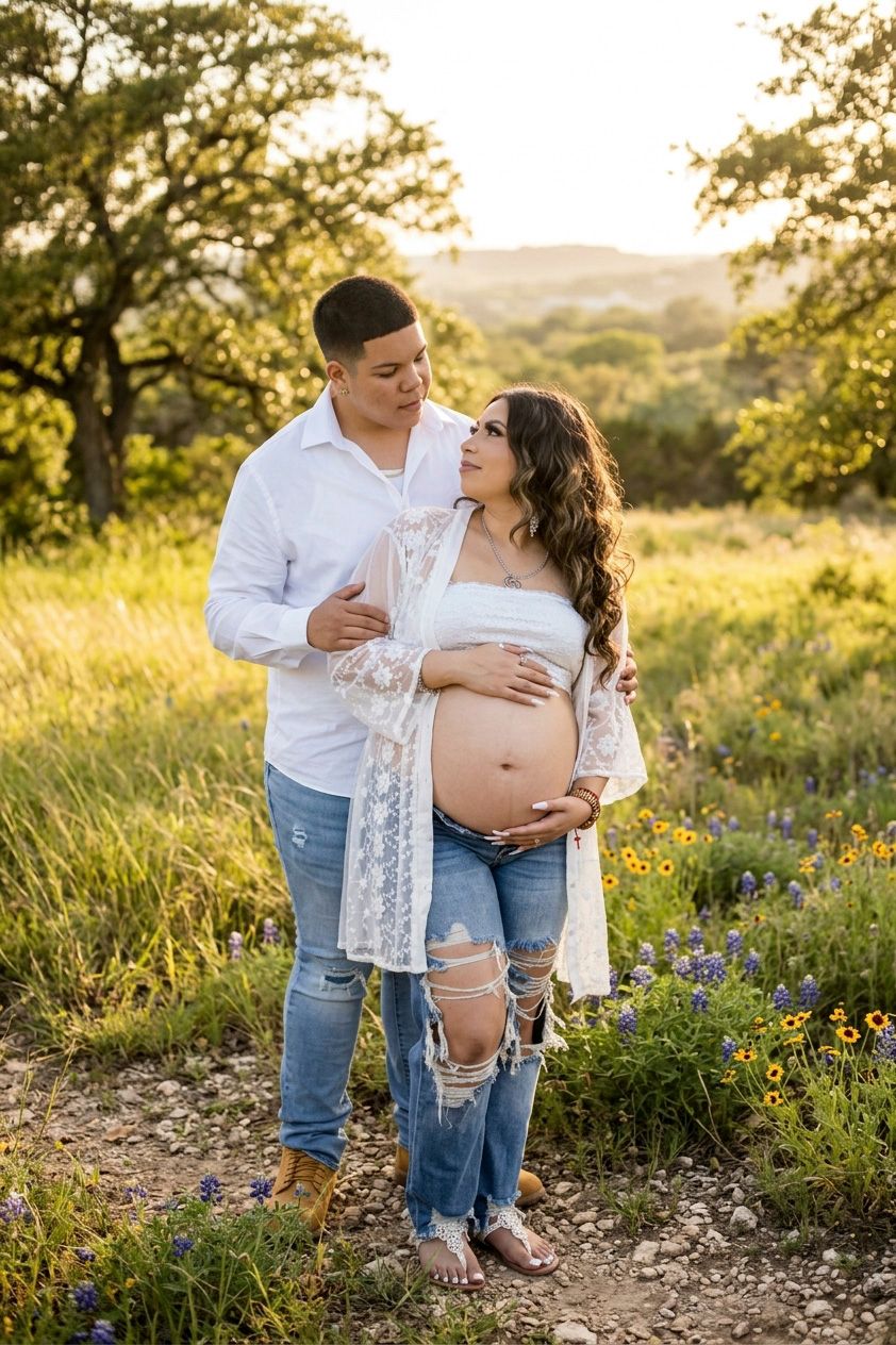 Couple poses in wildflower field at golden hour, man embraces pregnant woman showing baby bump, wearing white and jeans. Precious Keepsakes