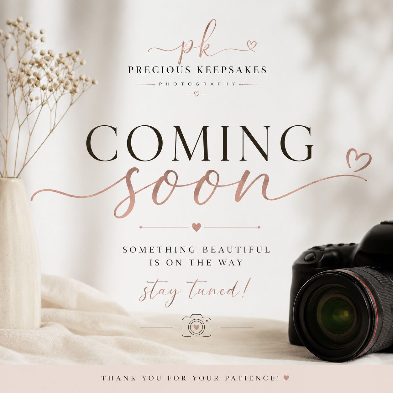 Precious Keepsakes Photography coming soon announcement with camera, floral decor, and stay tuned message on soft beige background.