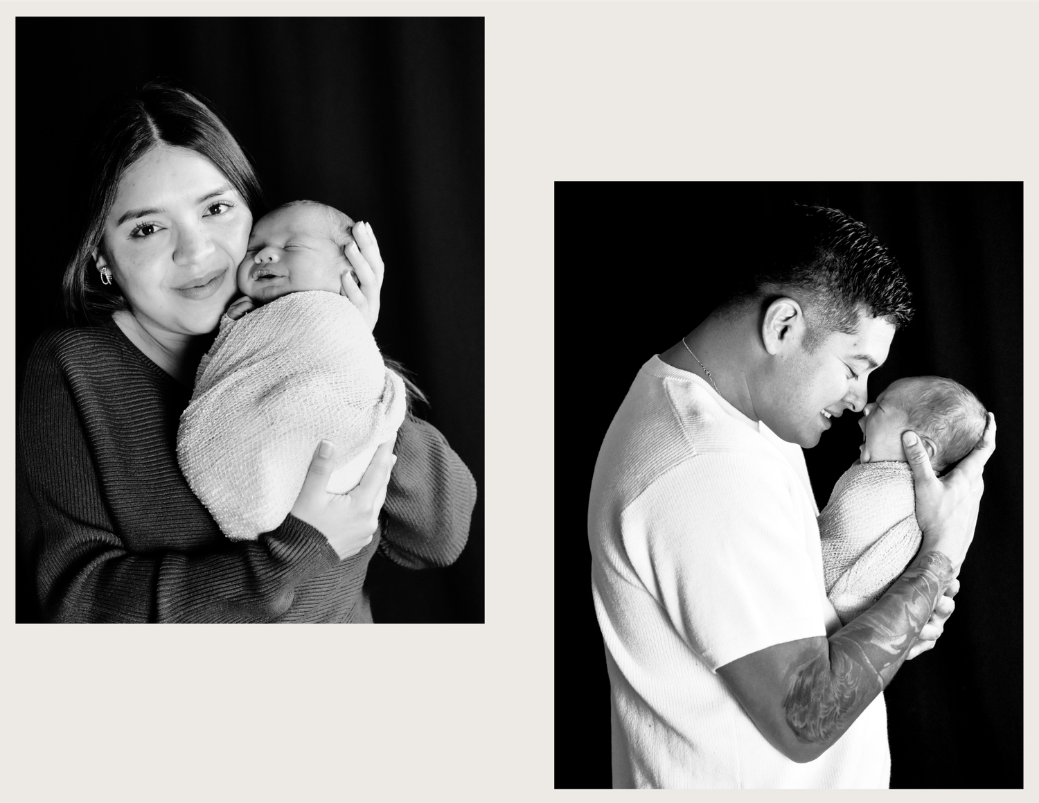 Black and white collage of a mother and father each tenderly holding their newborn baby in a studio portrait.