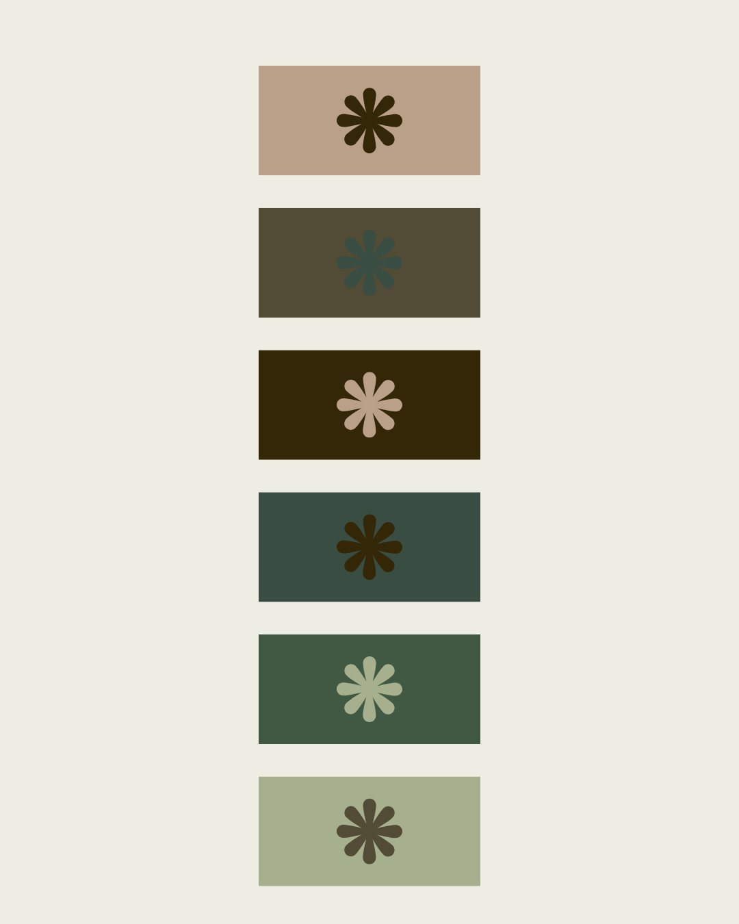 Earthy color palette of six stacked swatches in tan, olive, brown and green, each with a flower icon.
