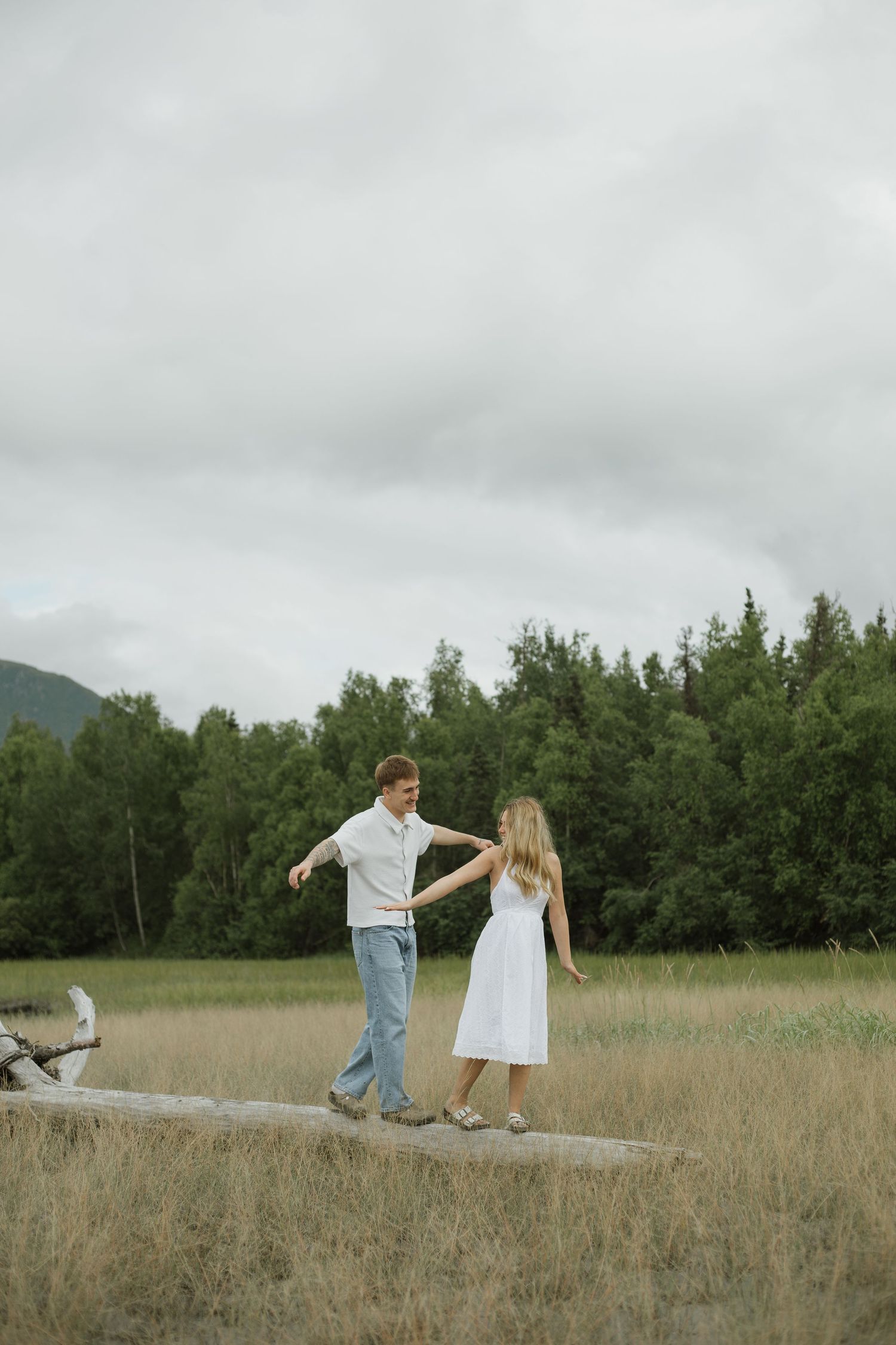 A couple holds hands while balancing on a fallen log in a grassy field, with evergreen trees and a cloudy sky behind them.