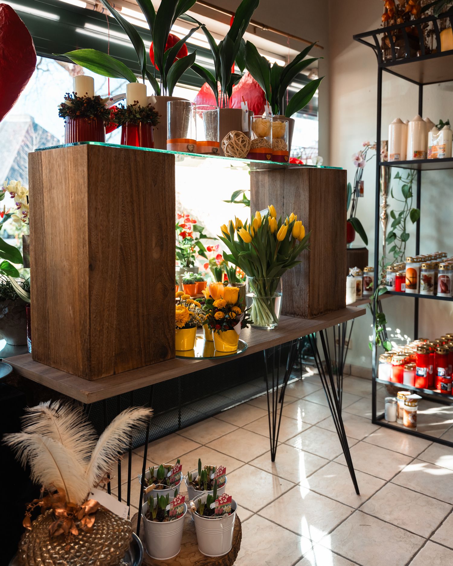Flower shop interior with yellow tulips and colorful plants on display.