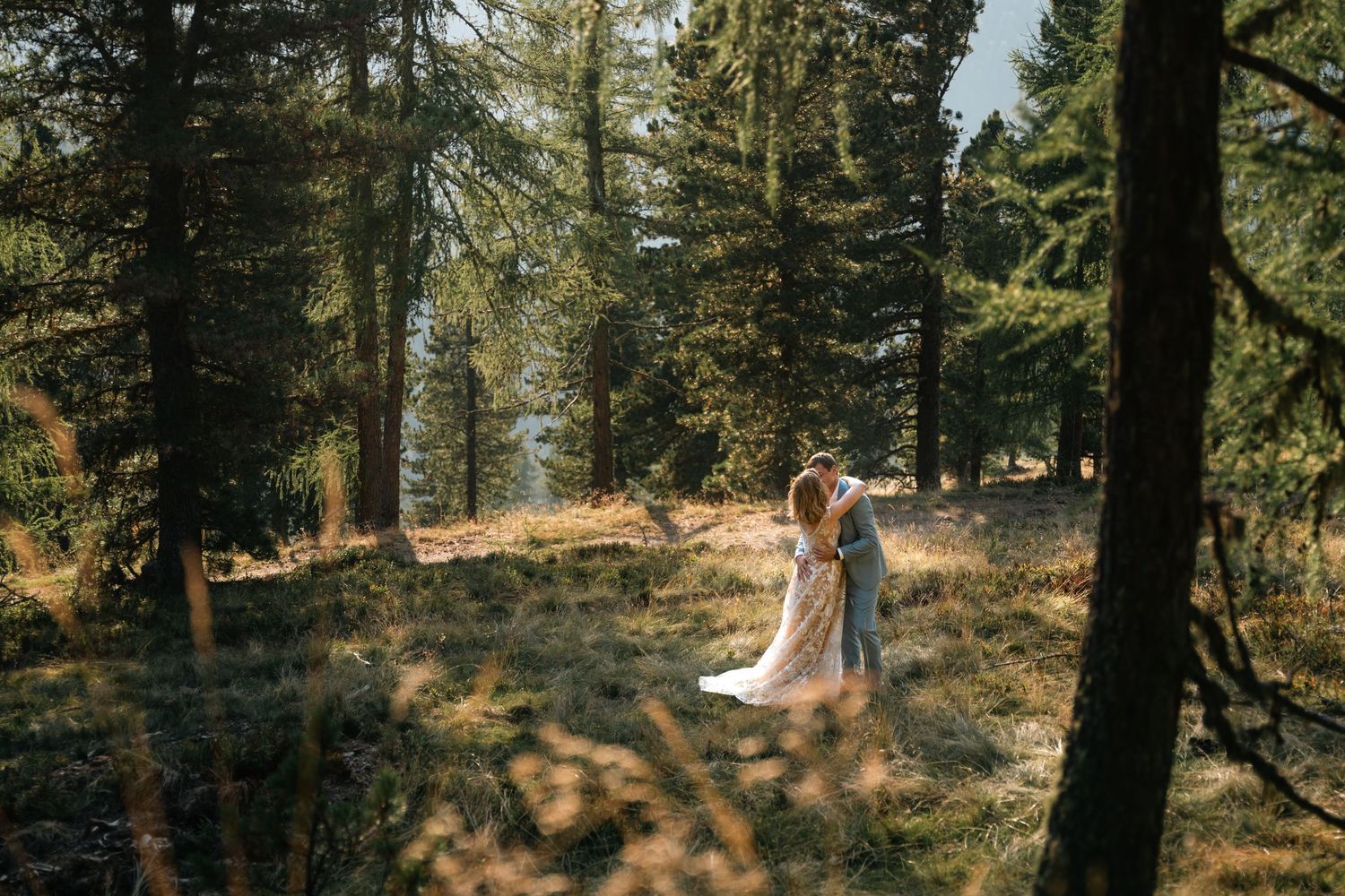Bride and groom embrace romantically among tall pine trees in a sunlit forest.