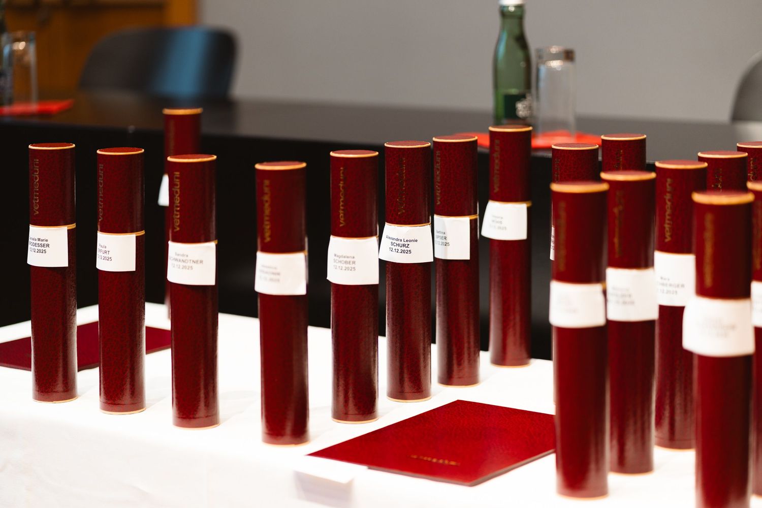 Row of dark red cylindrical award certificates with white labels displayed on a table.
