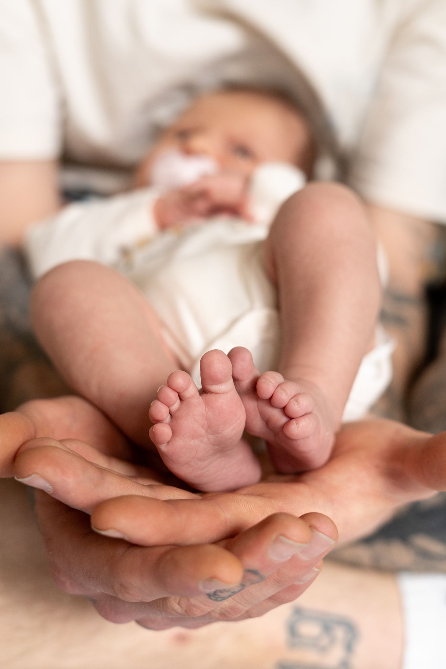 Close-up of tattooed parent hands cradling tiny newborn baby feet tenderly.