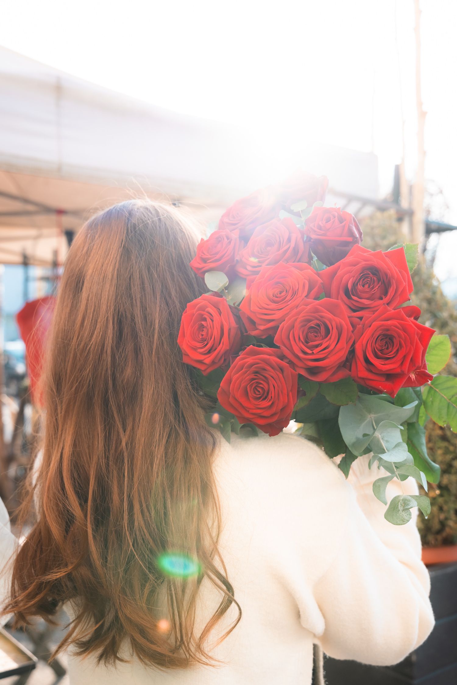 Woman with long auburn hair holding bouquet of red roses in sunlight.