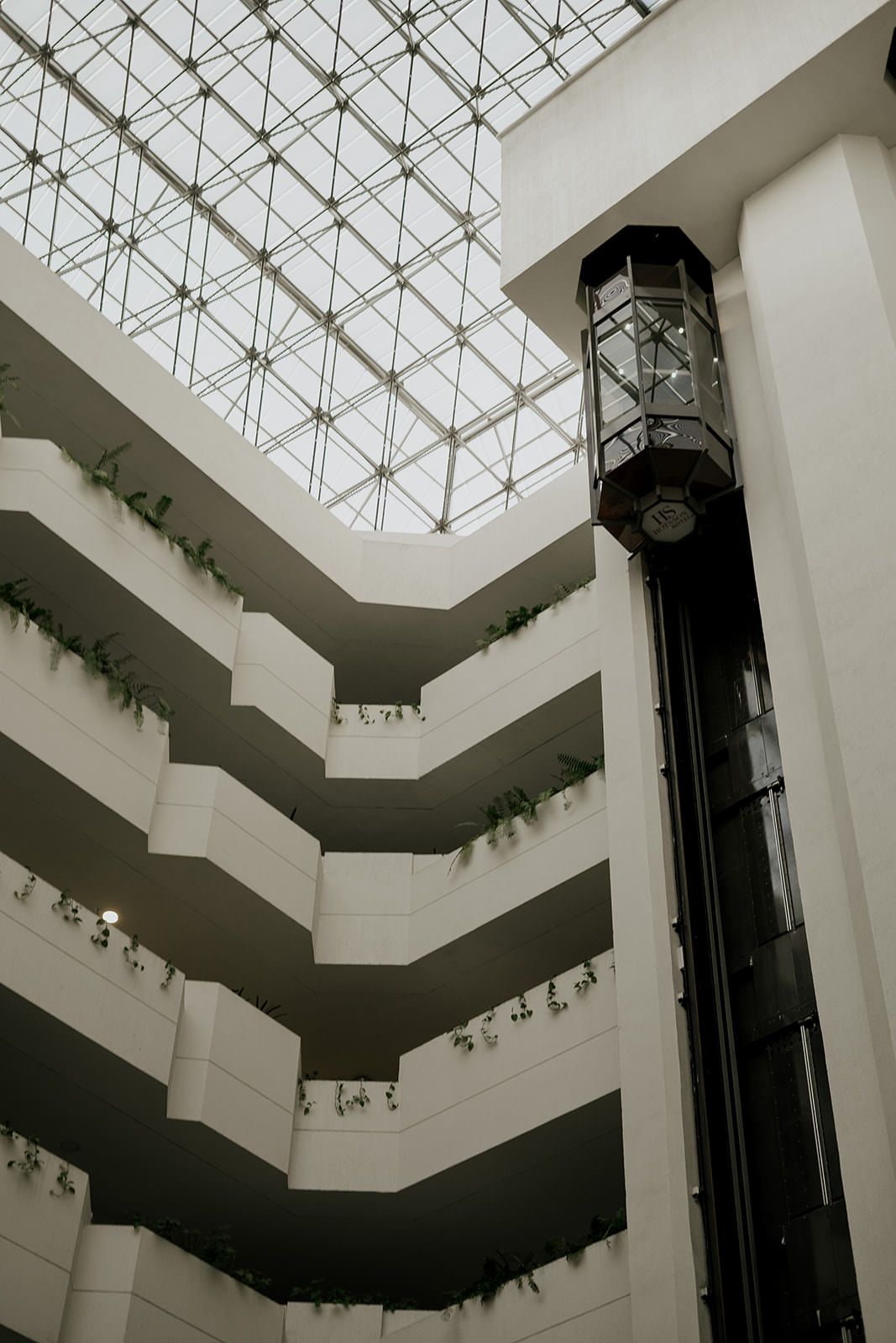 Modern atrium interior with glass pyramid ceiling, white balconies, green plants, and a sleek black glass elevator shaft.