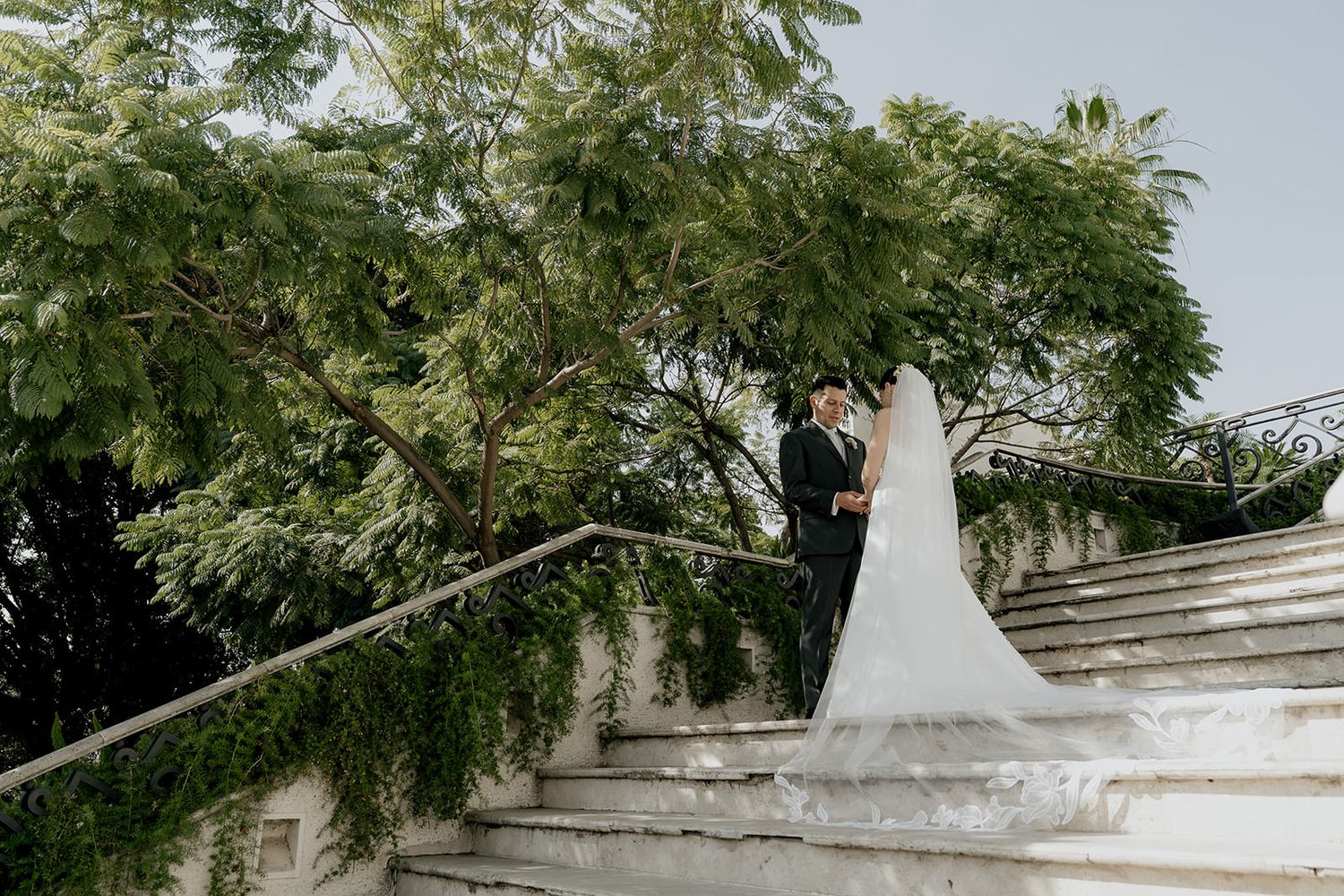 Elegant bride and groom posing on grand white stone stairs surrounded by lush green trees on wedding day.