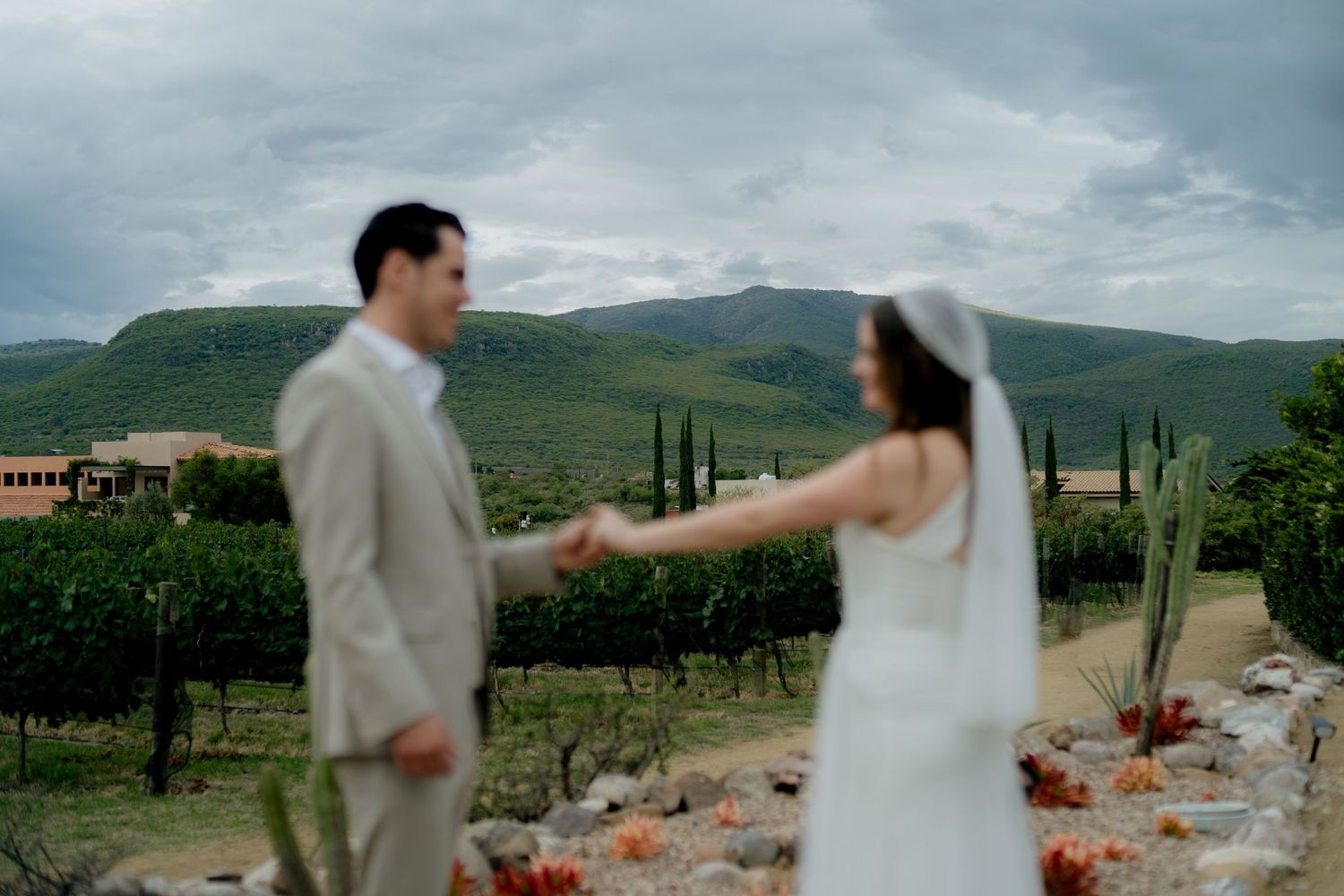 Bride and groom hold hands in a vineyard with lush green mountains under cloudy skies at an outdoor wedding.