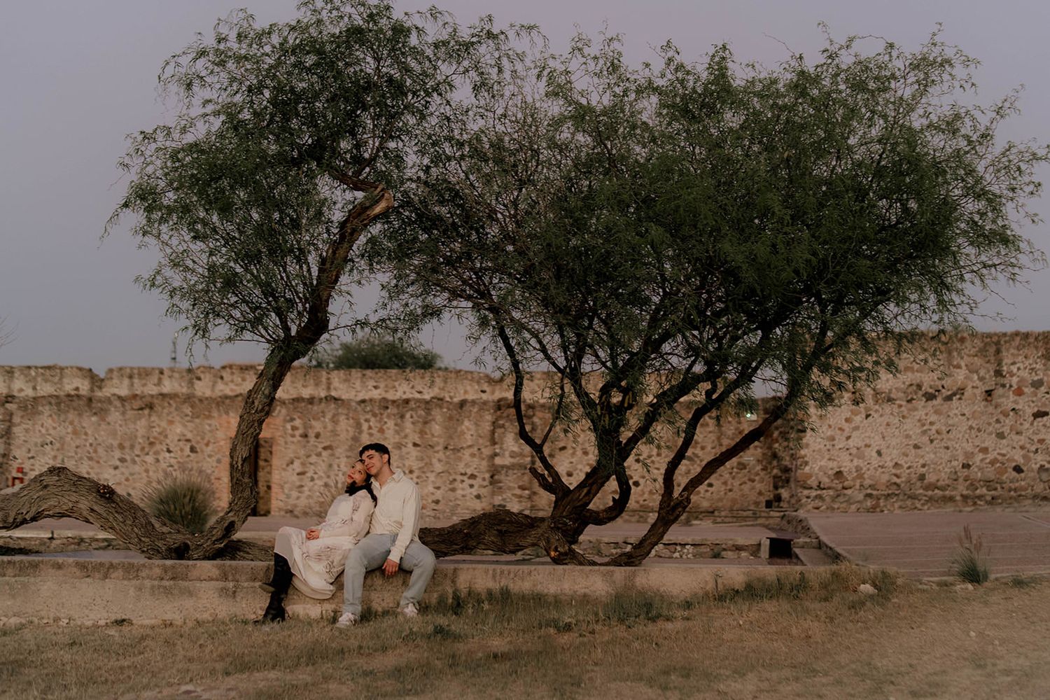 Two people walk together along a desert landscape with trees and stone wall.