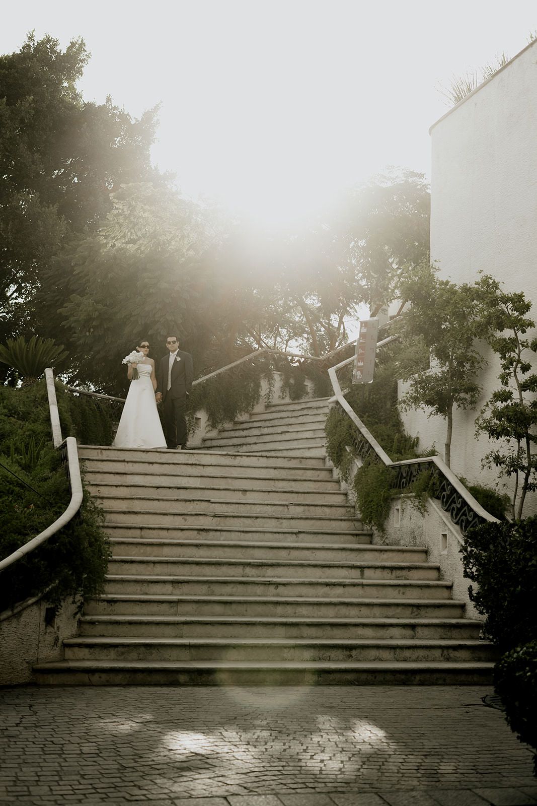 Bride and groom posing on grand stone staircase surrounded by lush greenery in dreamy backlit wedding portrait.