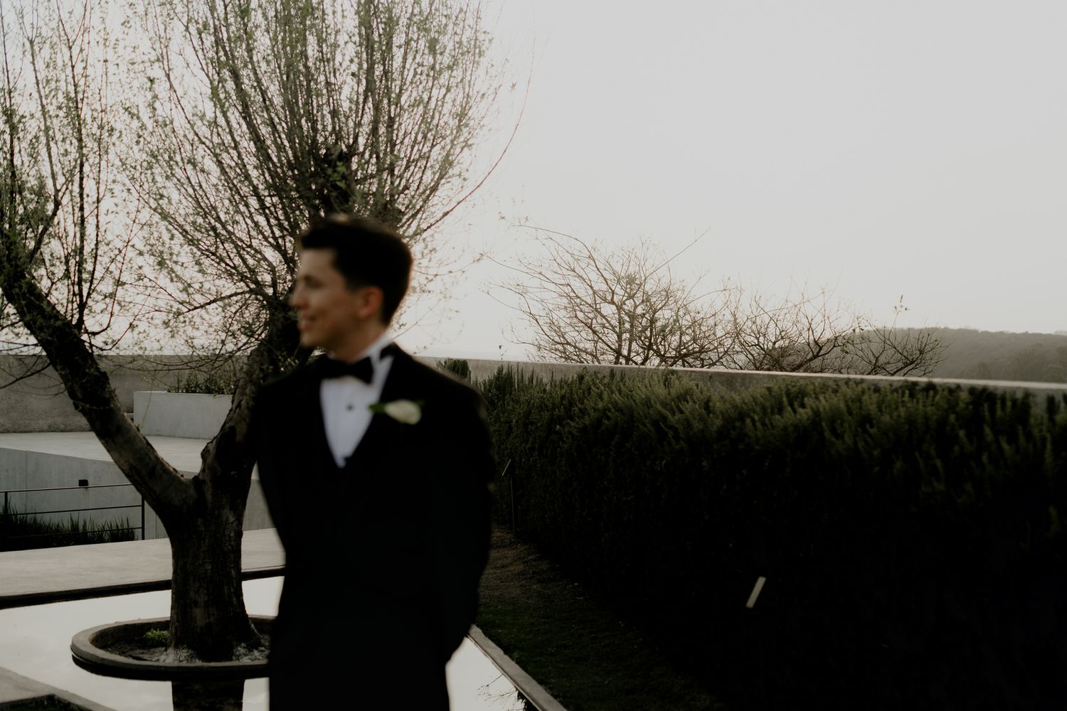 Groom in black tuxedo with bow tie stands outdoors near bare tree and hedge, gazing to the side on a cloudy day.