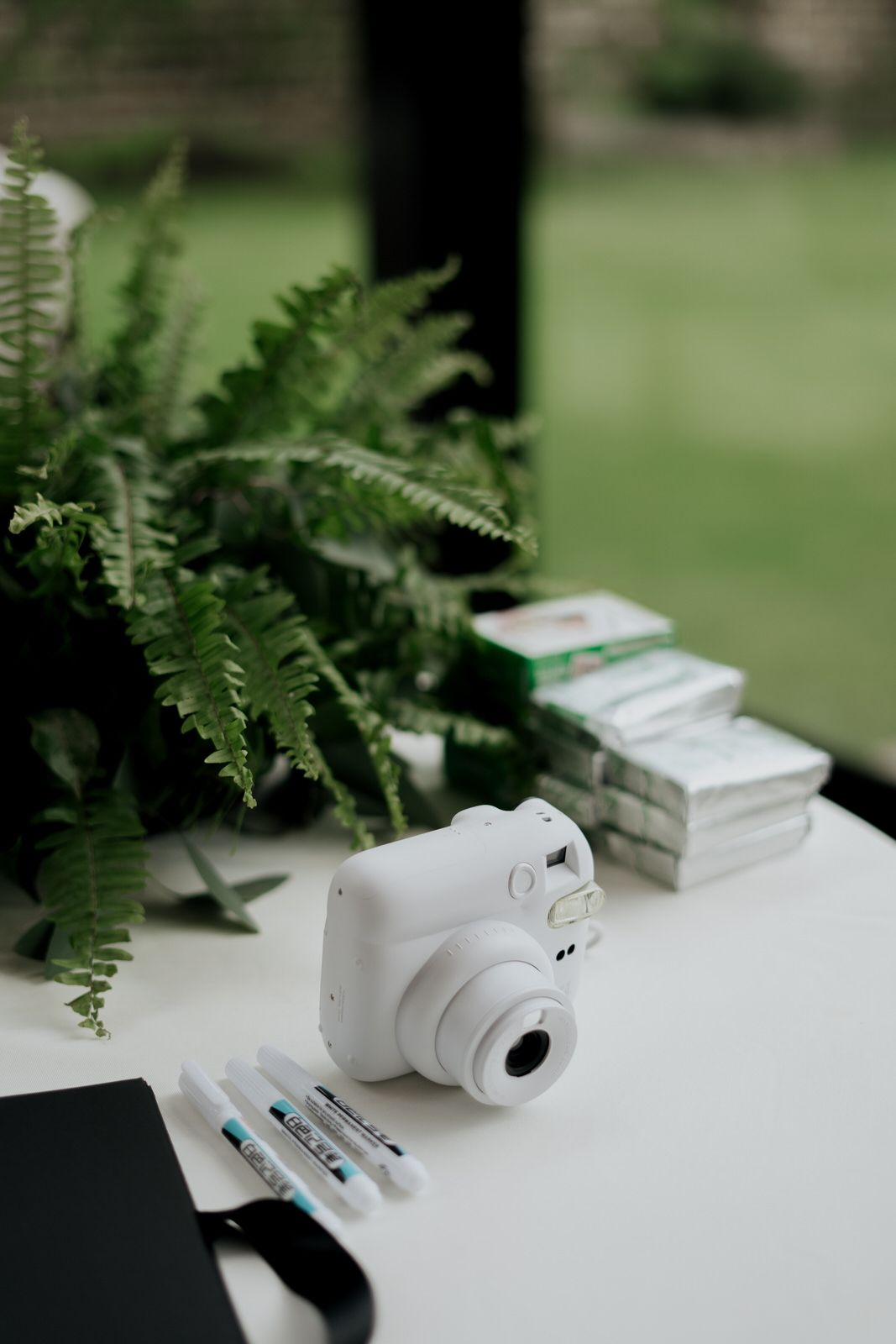 White Polaroid cameras and ferns arranged on a guest book table at a wedding.