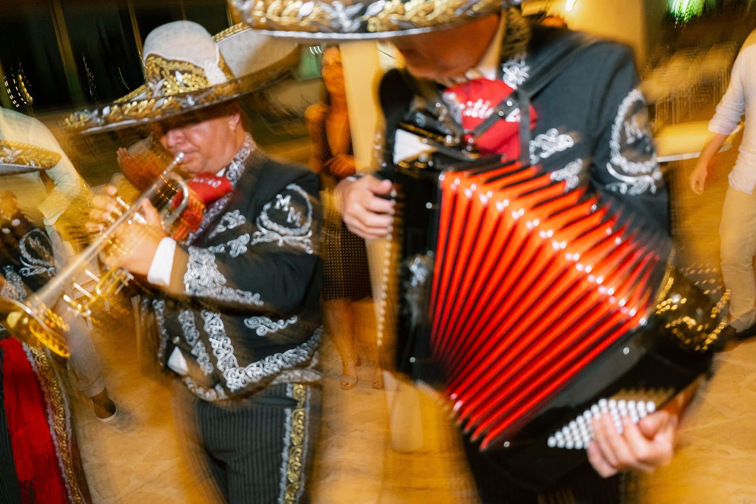 Motion-blurred image of accordions and musical instruments in warm lighting.
