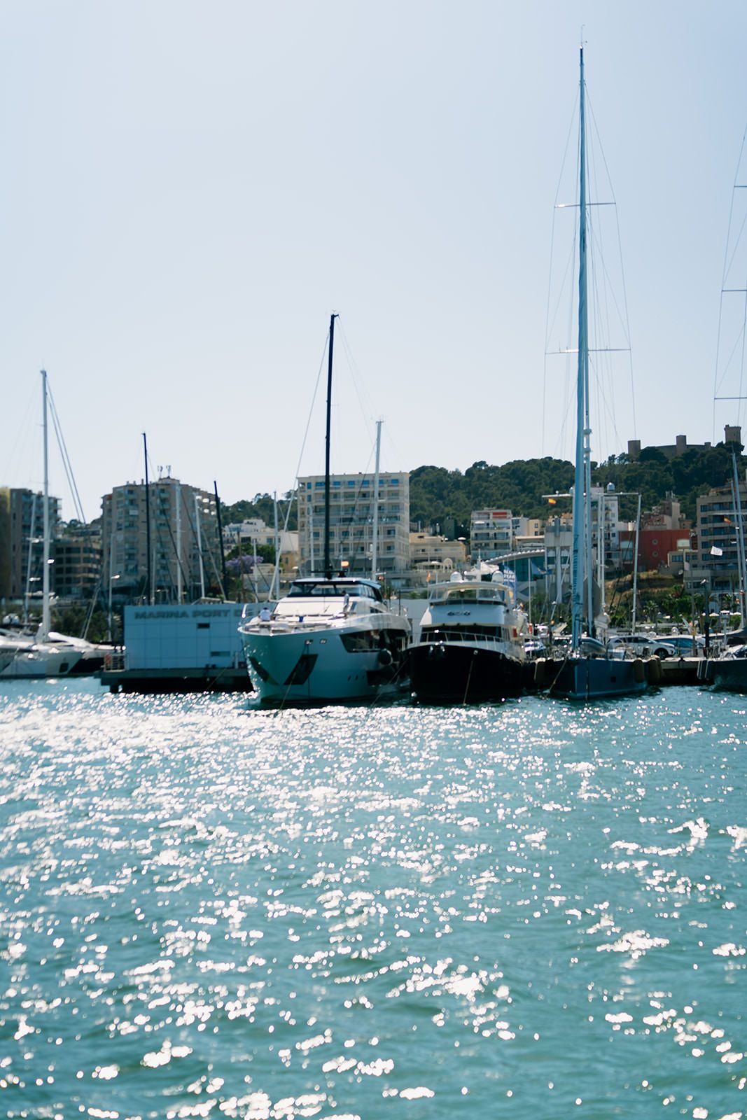 Boats docked at a sunny marina with sparkling water and apartment buildings visible along the shoreline.