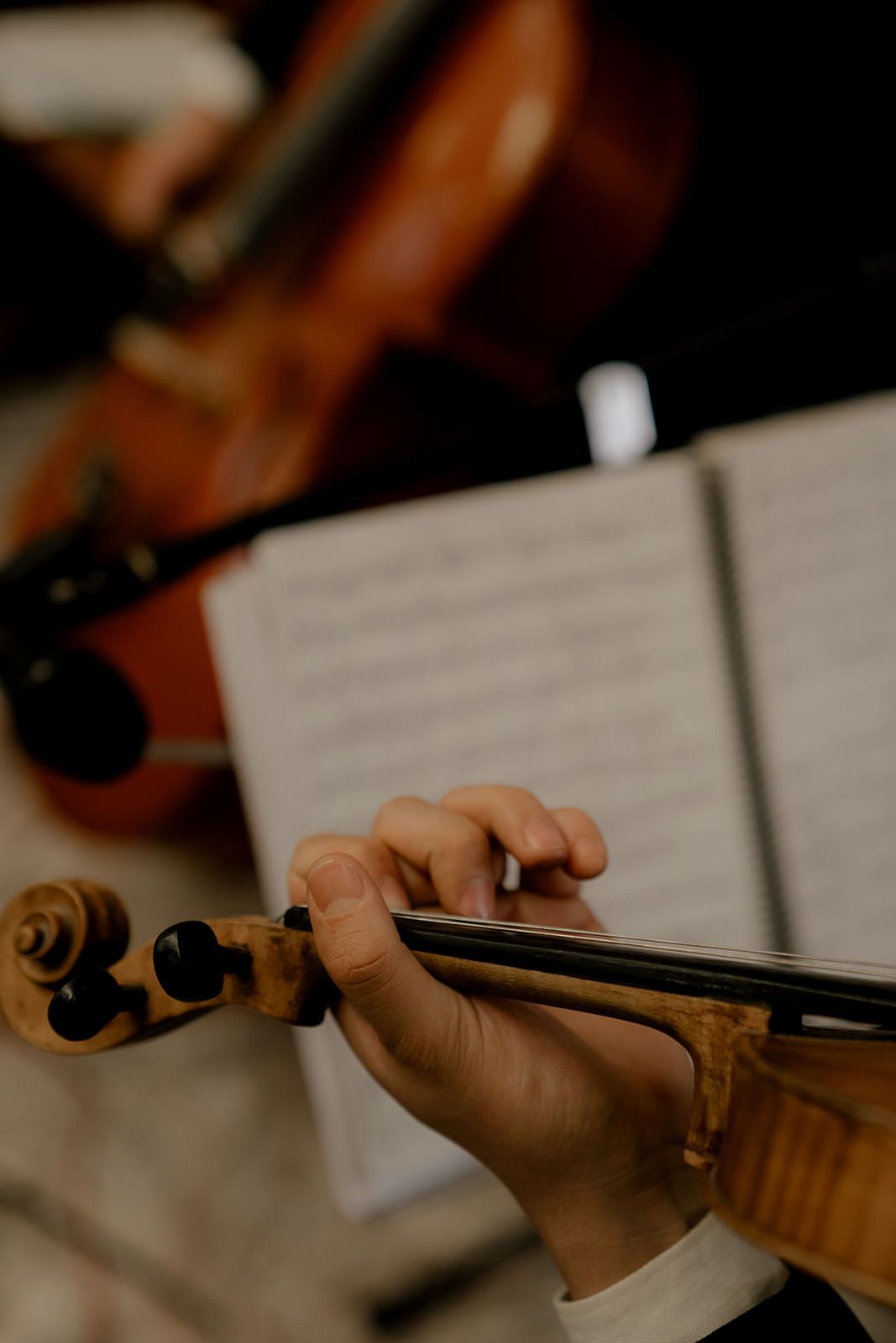 Close-up of musician\u2019s hand holding a violin neck during a live string performance at a wedding.