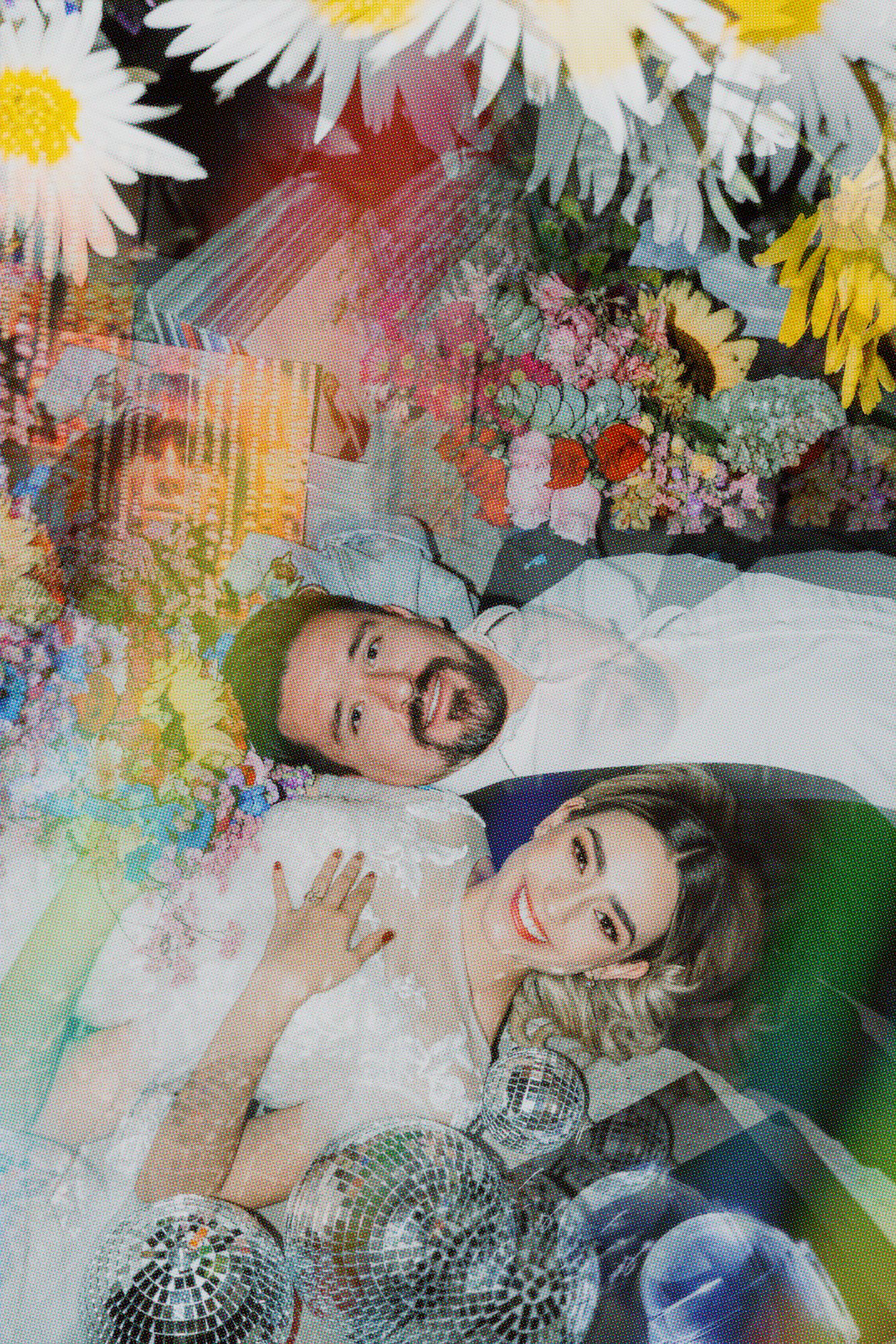 A creative wedding photo with daisies, disco balls, and colorful double exposure effects.