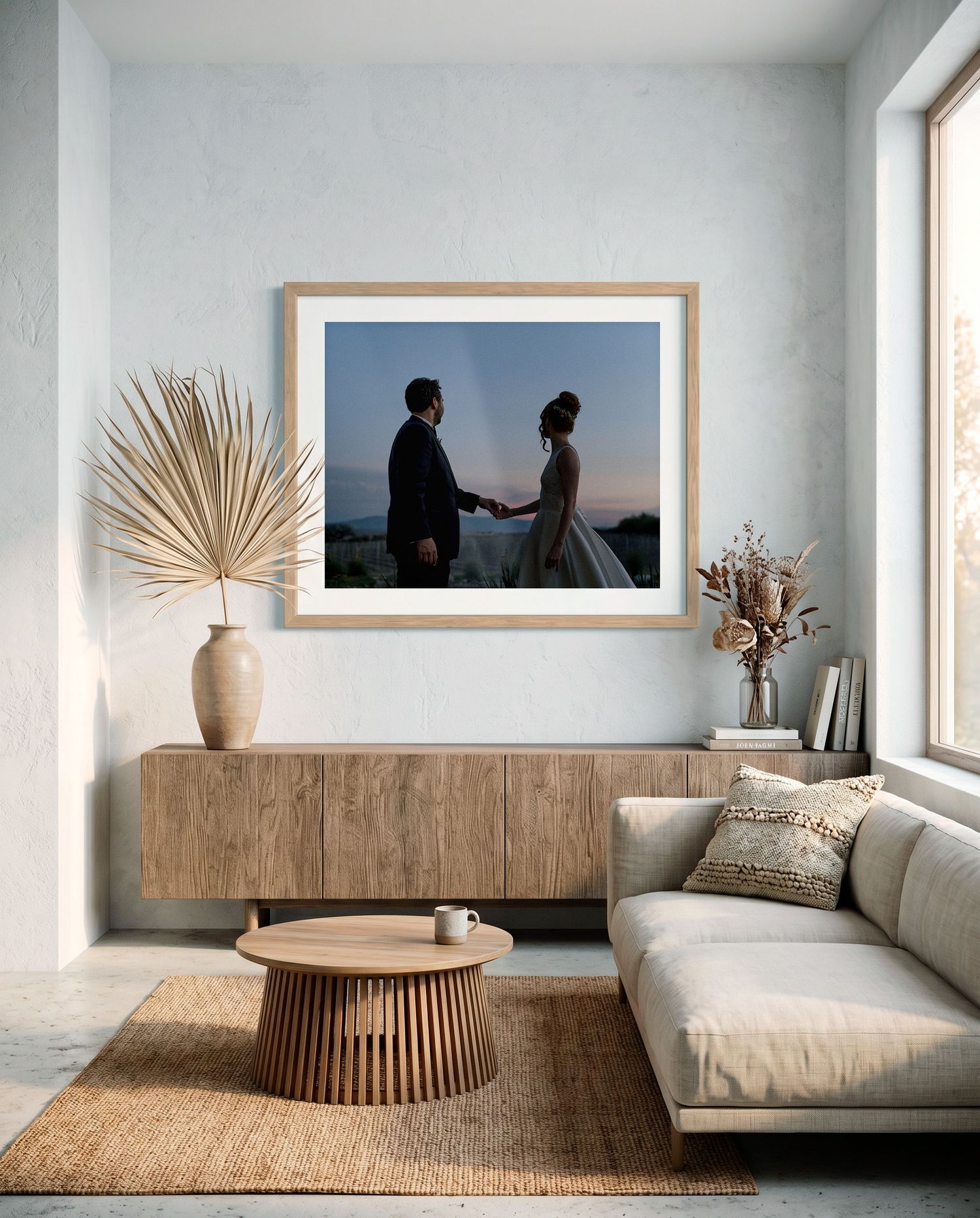 Framed wedding photo of couple holding hands at dusk displayed above wooden sideboard in modern minimalist living room.