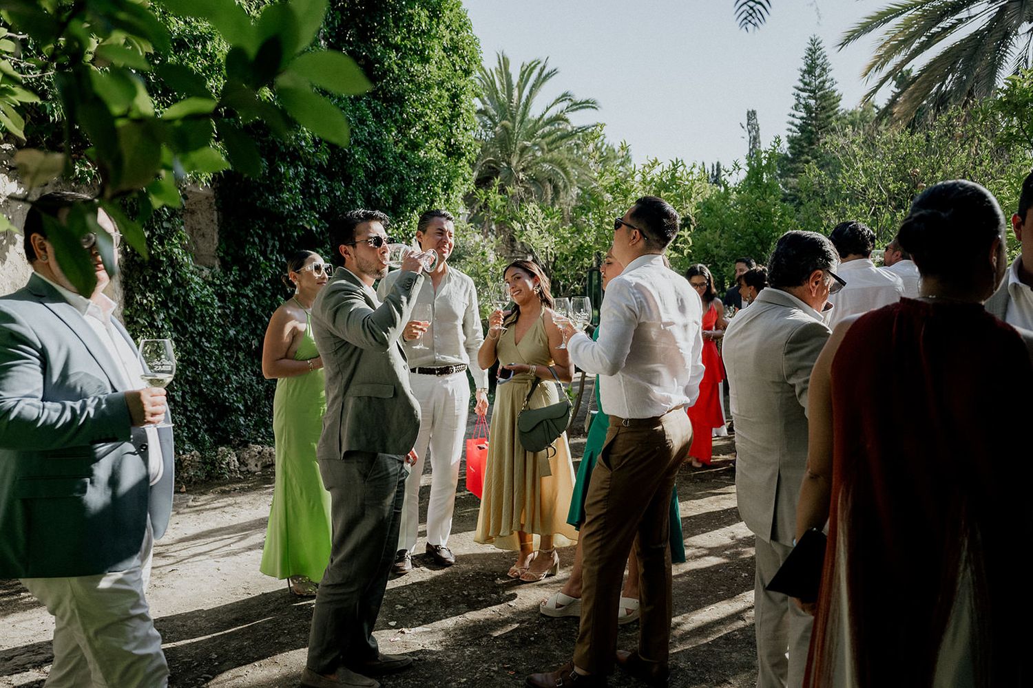 Guests mingle at an elegant outdoor wedding celebration surrounded by lush greenery and palm trees.