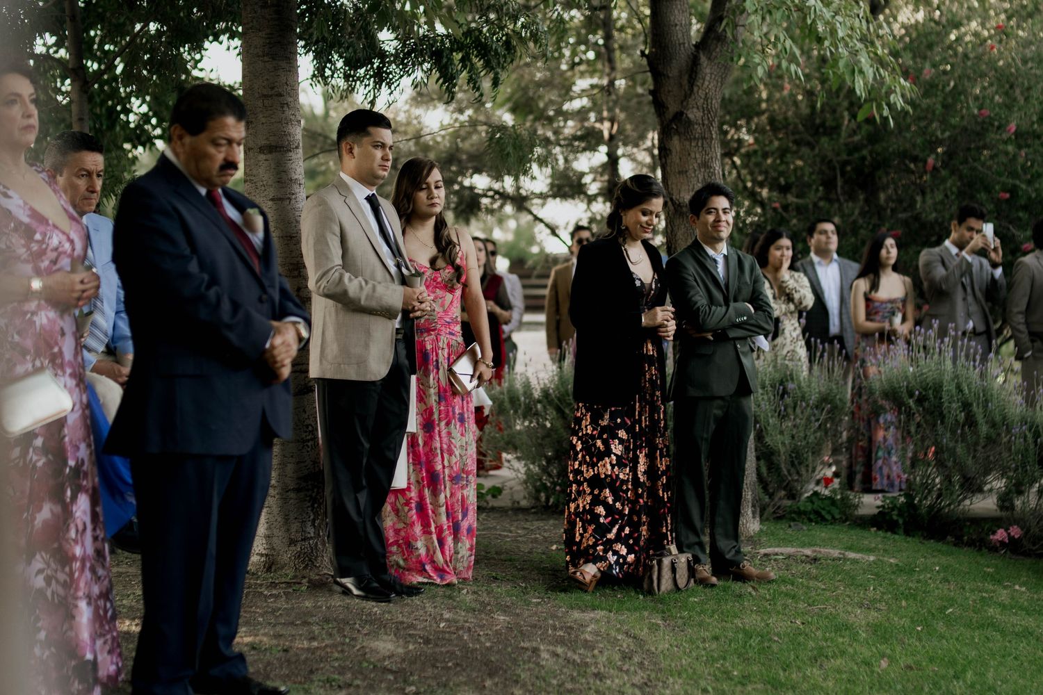 Wedding guests gathered outdoors under trees for garden ceremony.