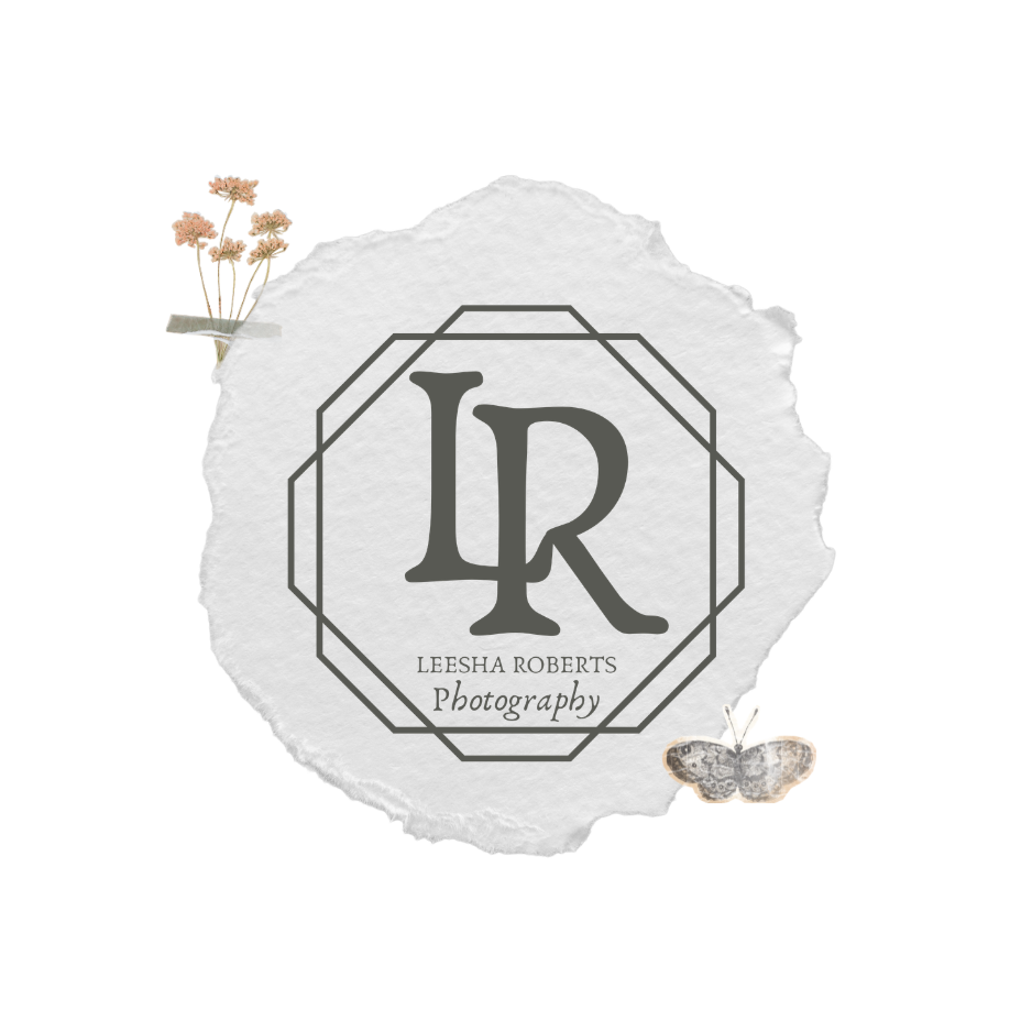 Elegant Leesha Roberts photography branding logo with LR monogram and floral accents.