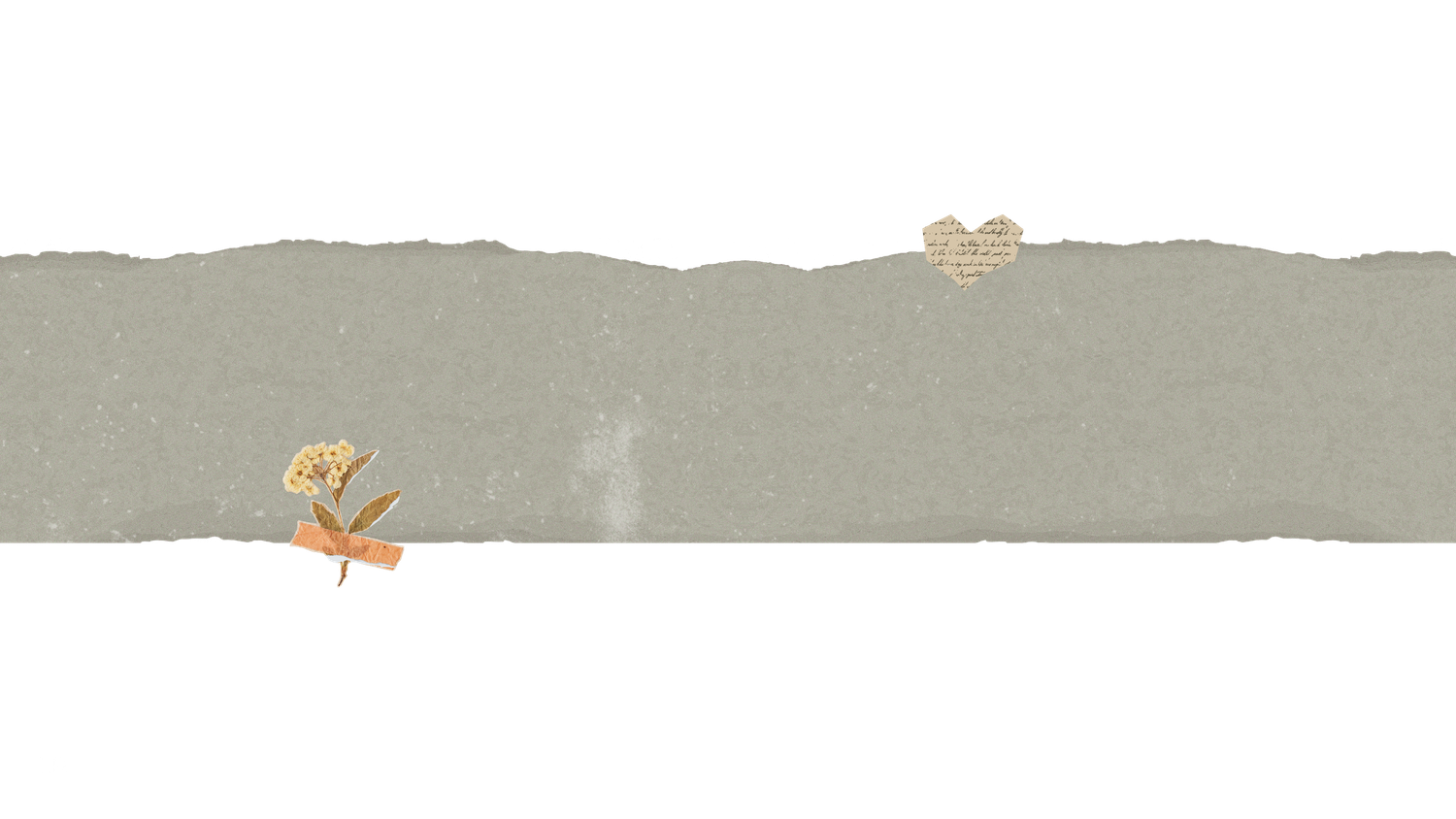 Minimalist gray torn paper banner with small bird and floral decorations.