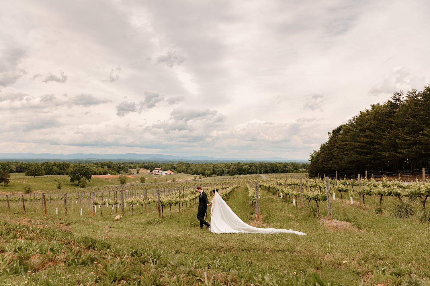 Distant view of wedding couple on hillside with dramatic cloudy sky and rolling countryside.
