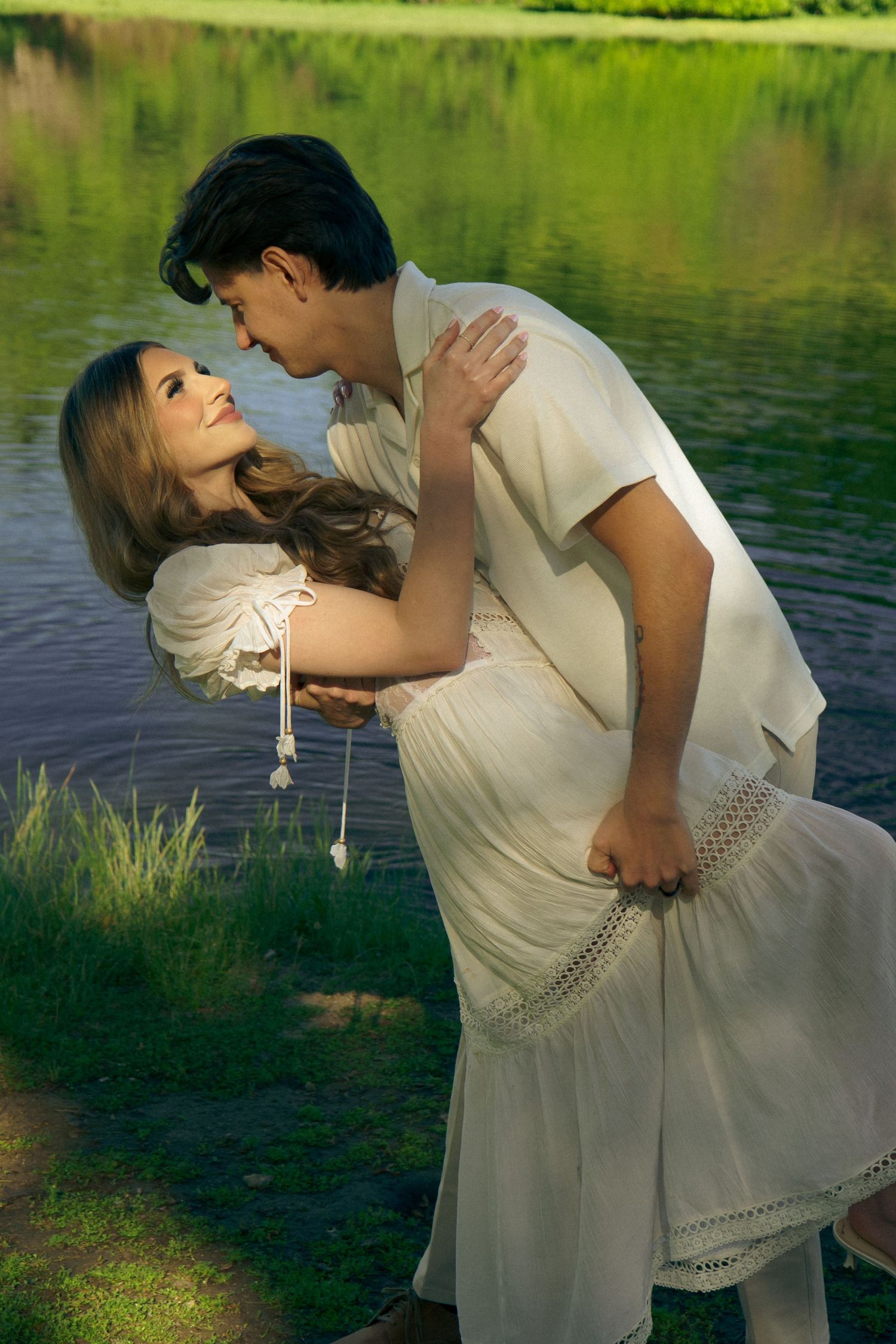 An engaged couple dip