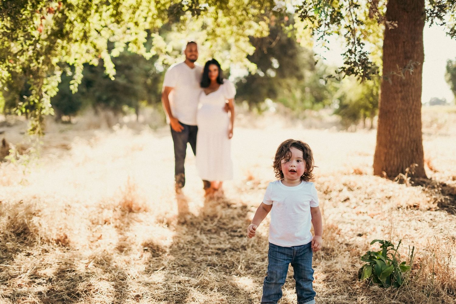 A family in Exeter poses with their toddler son staring straight at the camera