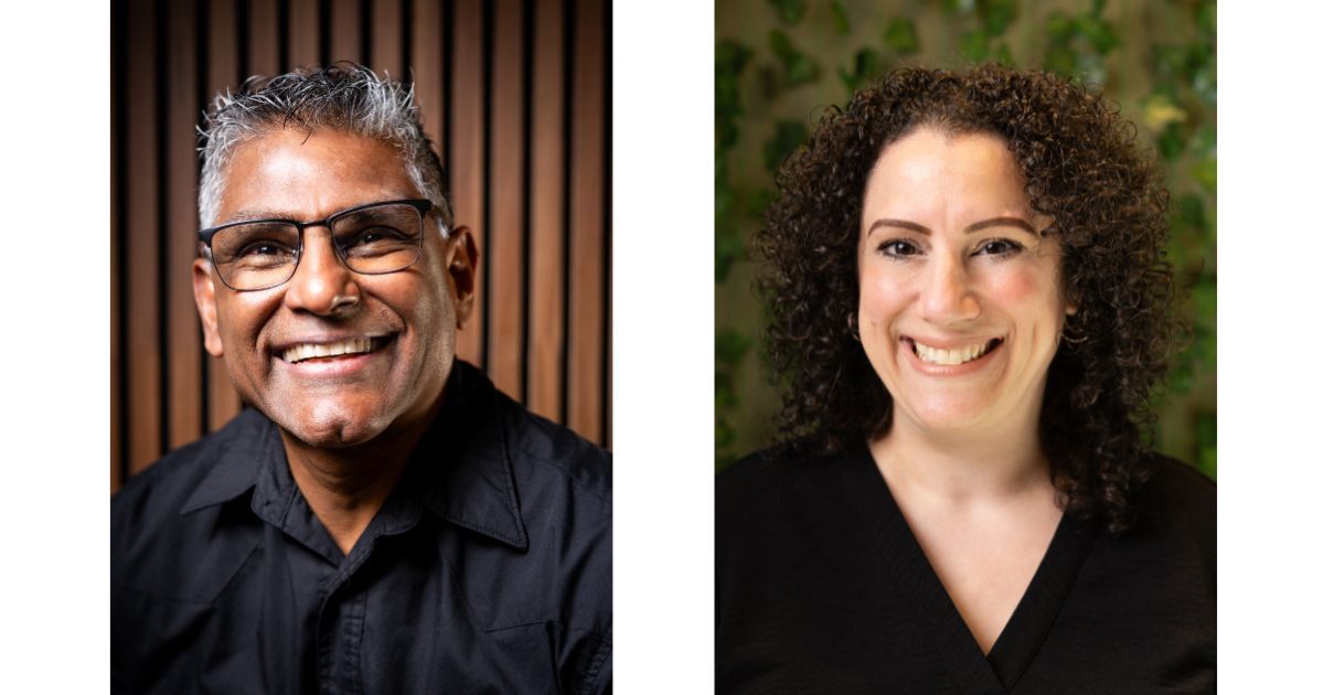 Two professional headshots side by side, a smiling older man in black shirt and a curly-haired woman in black top.