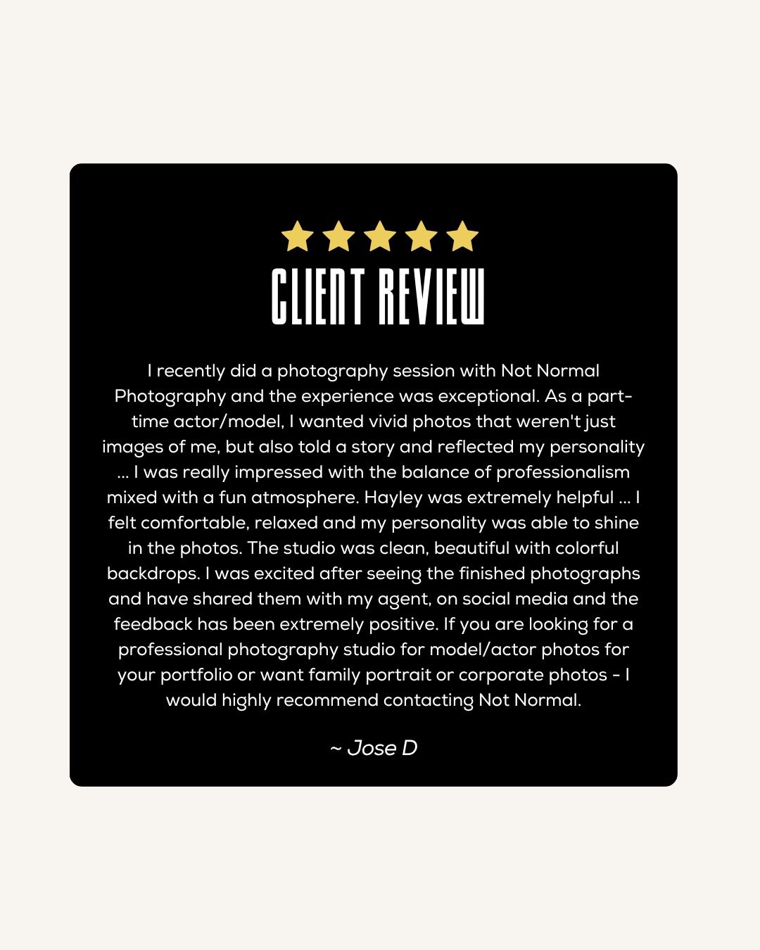 Five-star client review from Jose D praising Not Normal Photography for professional, fun, and colorful portrait sessions.